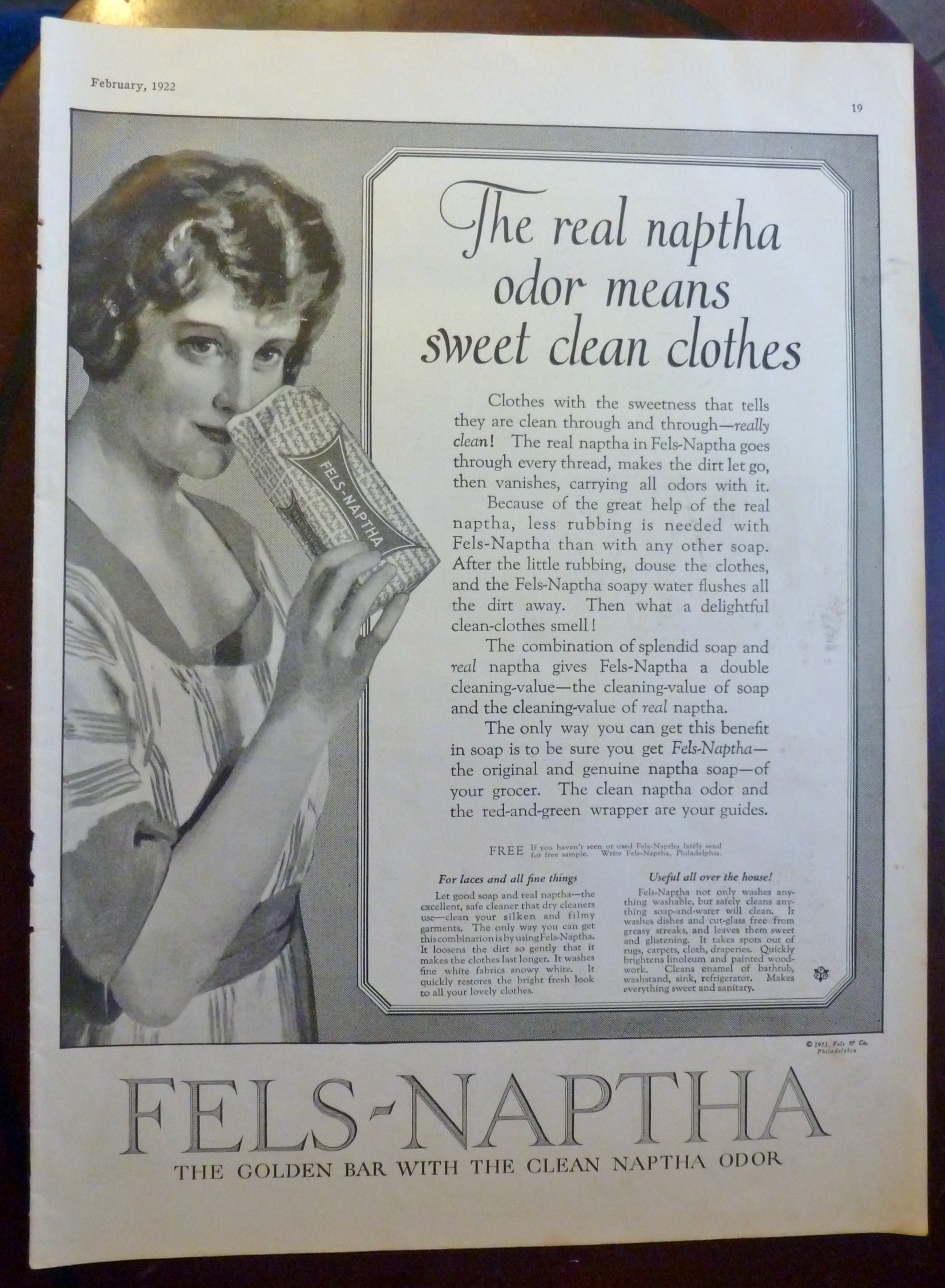 1922 Fels Naptha Soap with Woman Smelling Soap