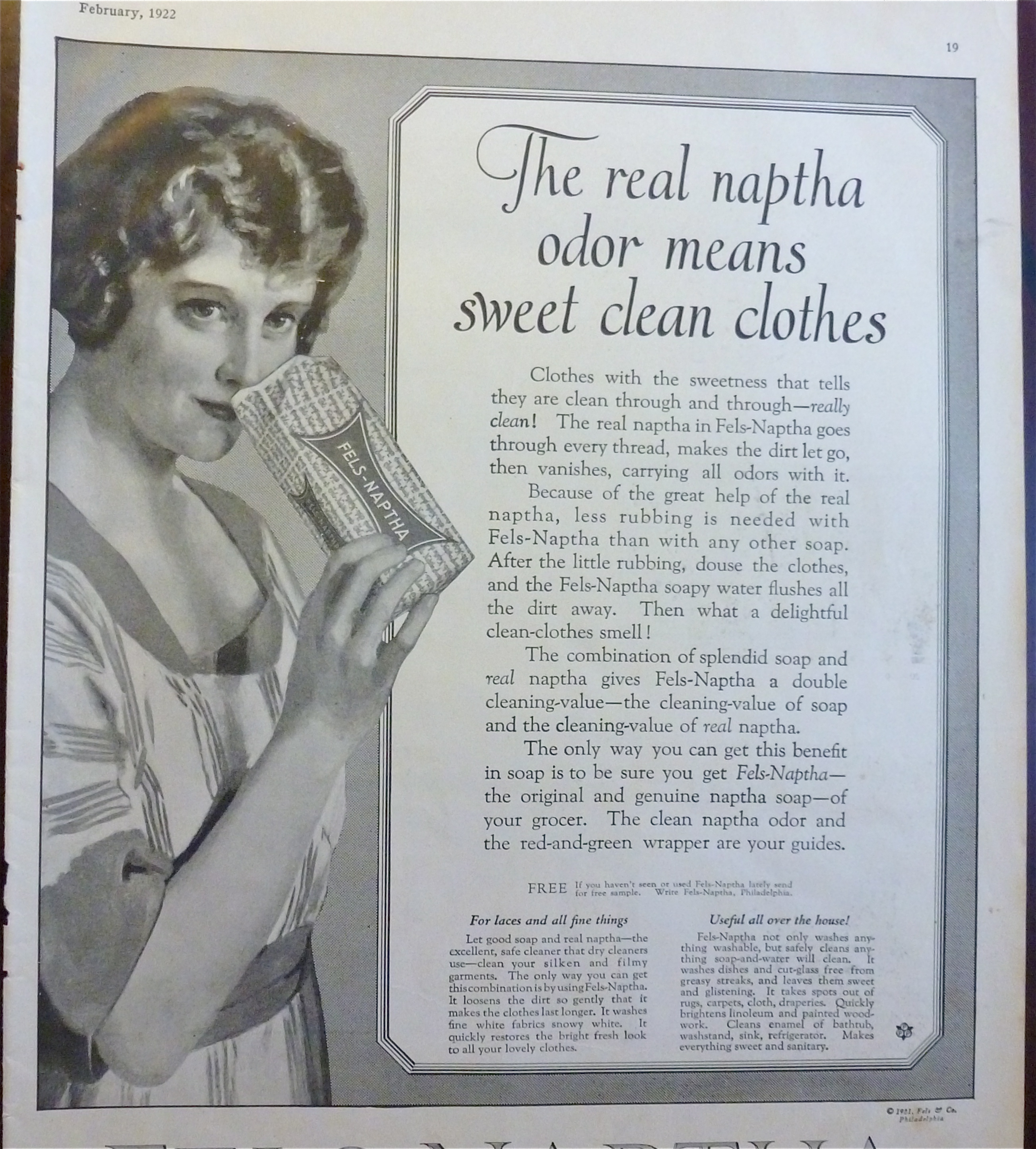 1922 Fels Naptha Soap with Woman Smelling Soap