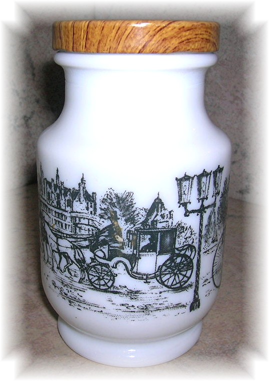 Milk Glass Scenic  Jar With Metal Lid