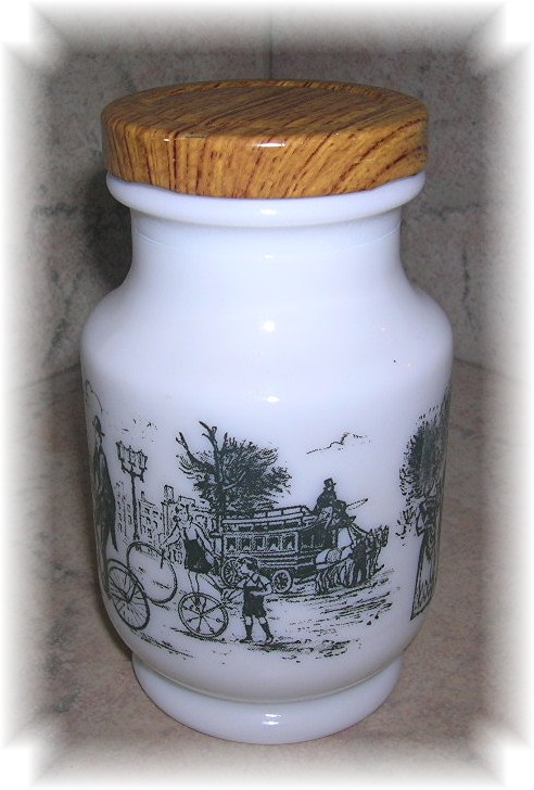 Milk Glass Scenic  Jar With Metal Lid