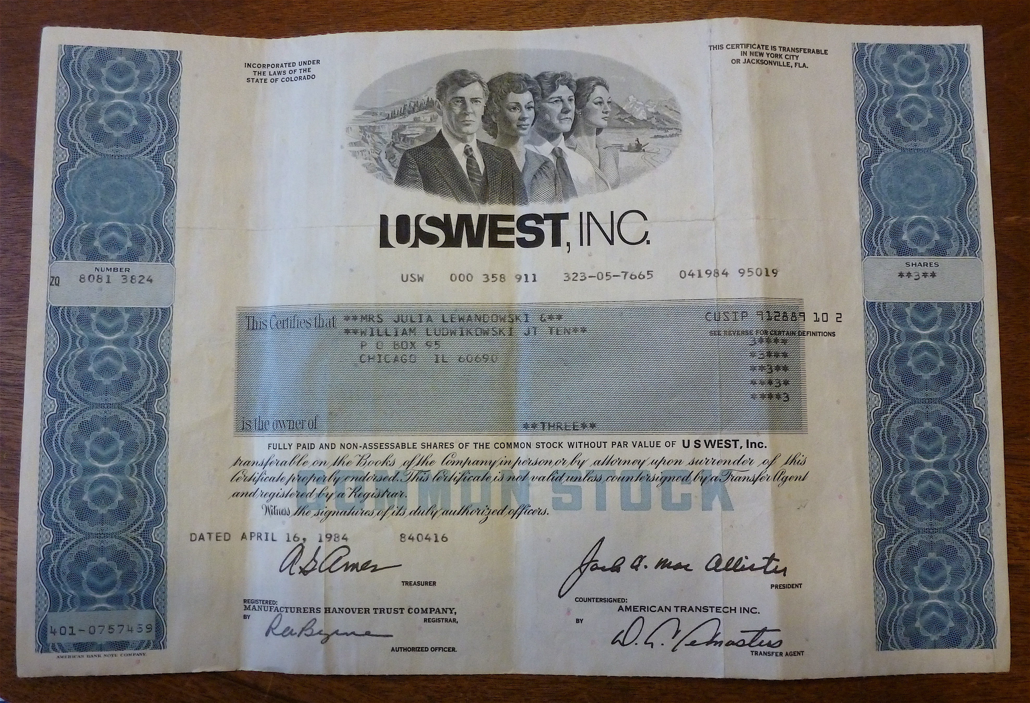 1984 U.S. West Inc. Stock Certificate