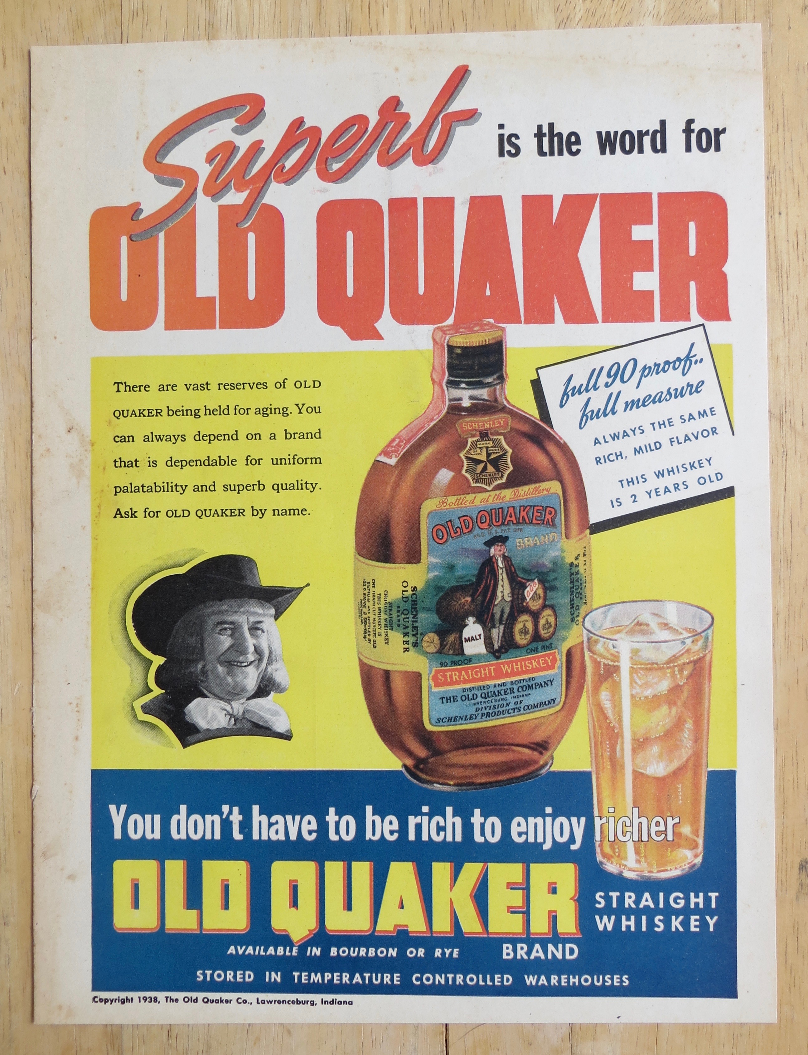 1938 Old Quaker Whiskey with Bottle of Whiskey & Glass