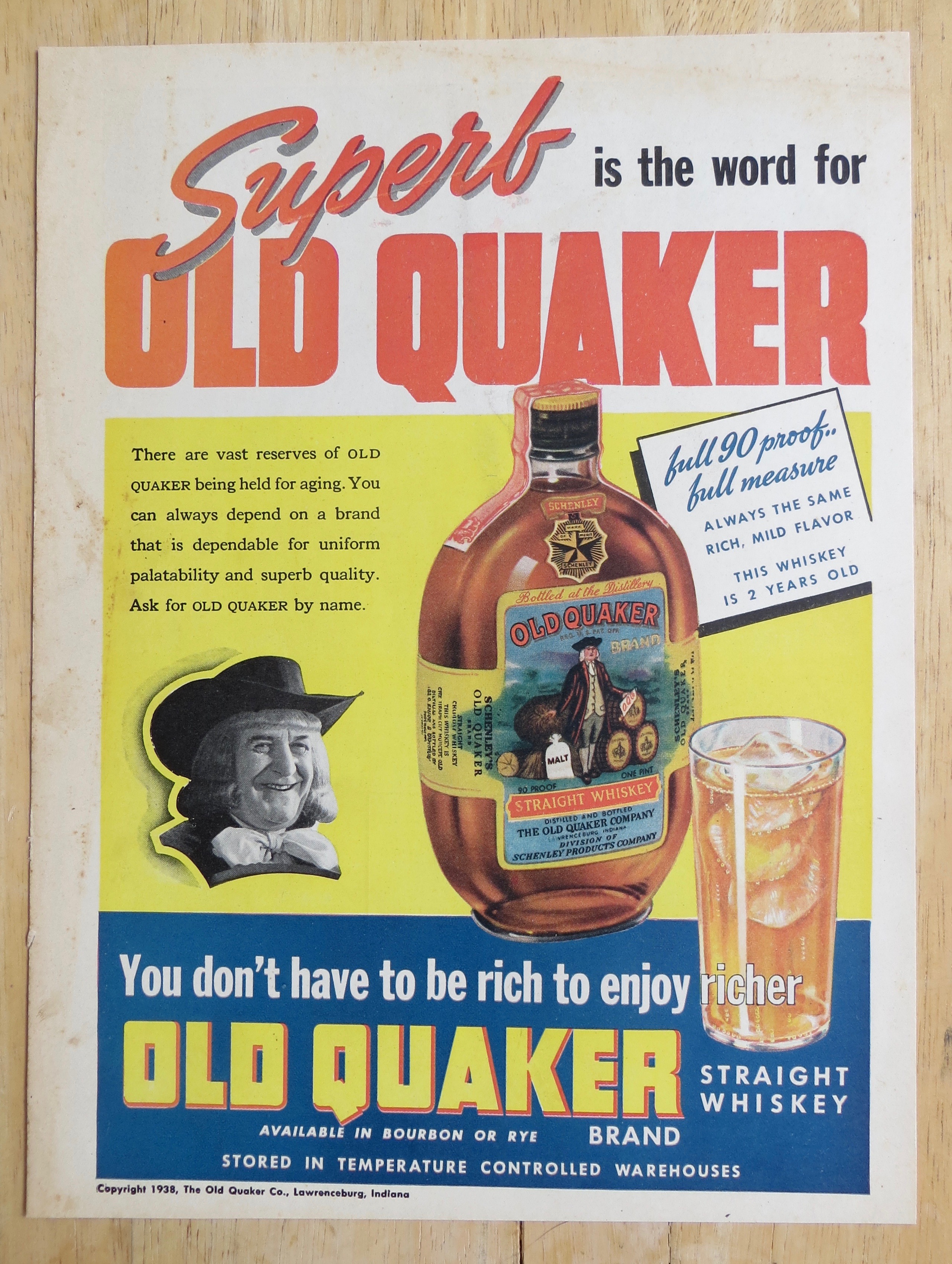 1938 Old Quaker Whiskey with Bottle of Whiskey & Glass