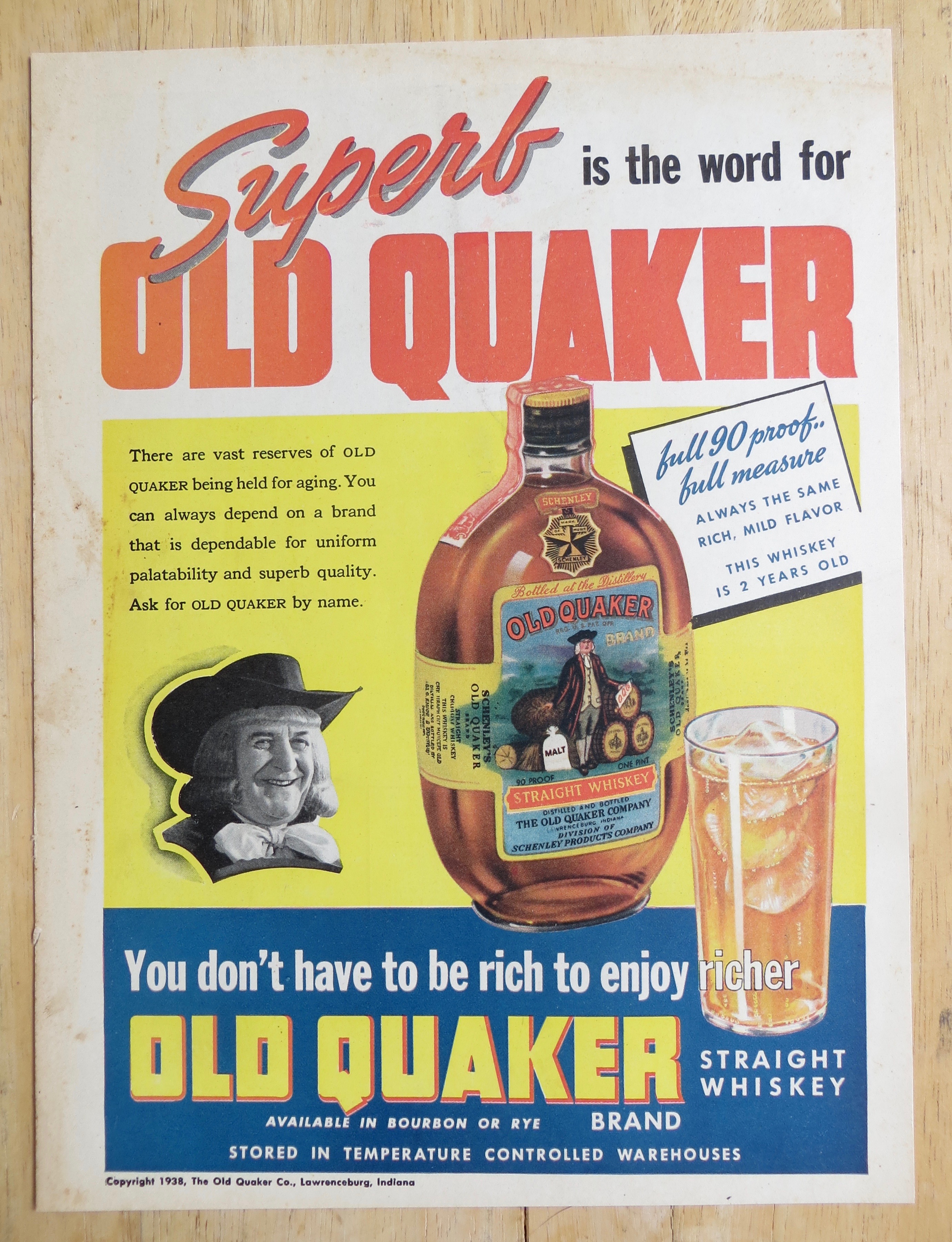 1938 Old Quaker Whiskey with Bottle of Whiskey & Glass