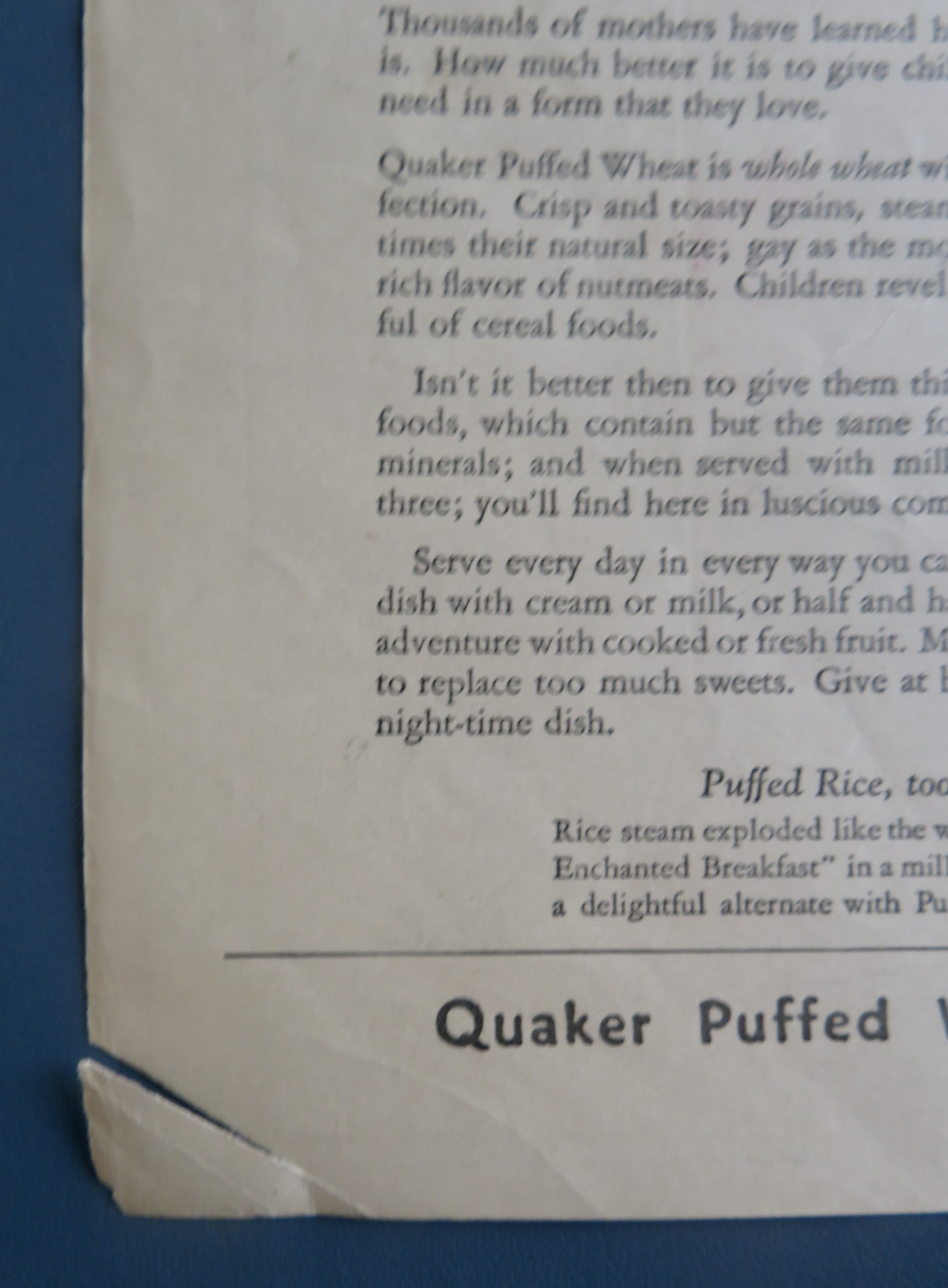 1925 Quaker Puffed Wheat with Child Reaching For Box
