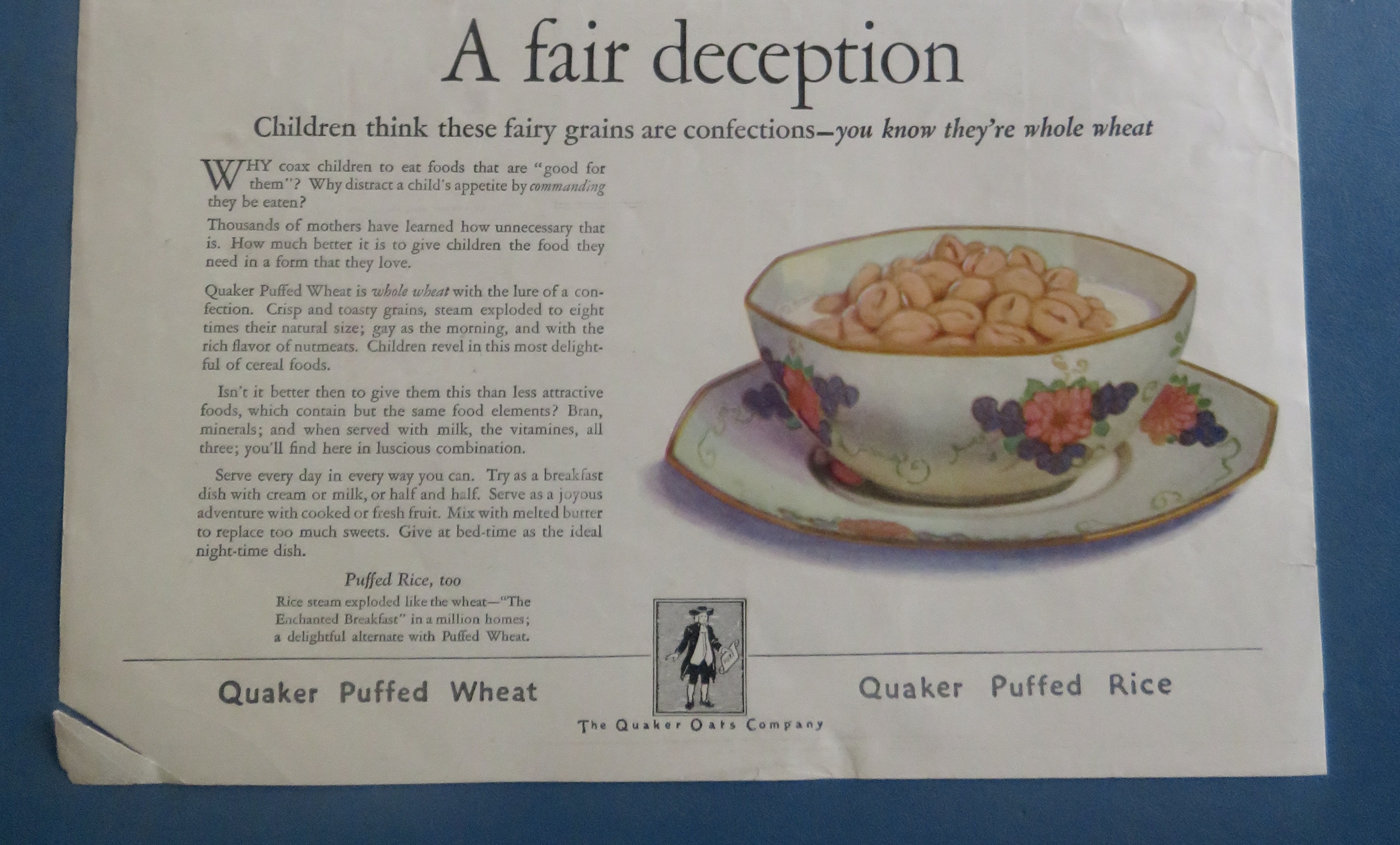 1925 Quaker Puffed Wheat with Child Reaching For Box