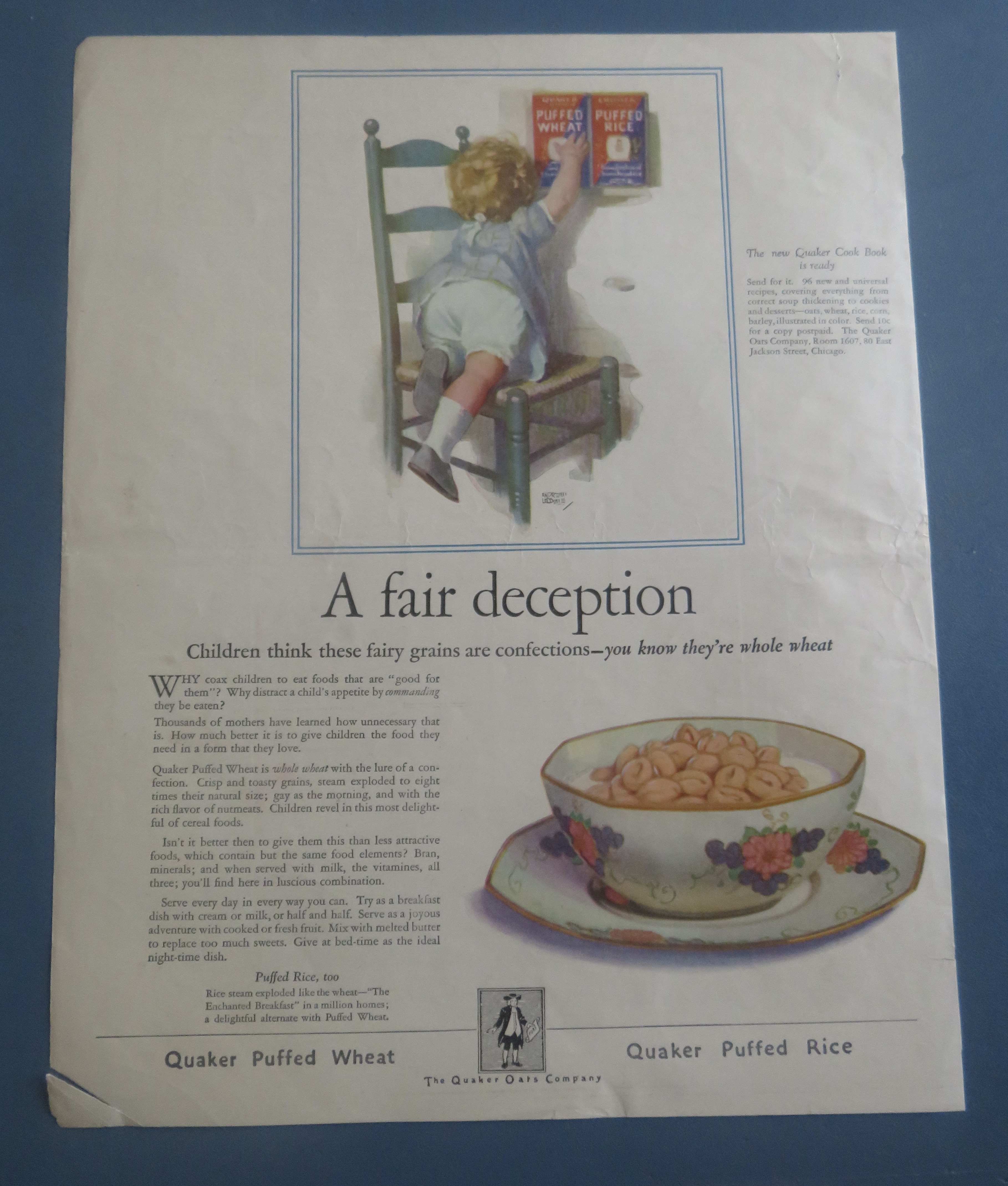 1925 Quaker Puffed Wheat with Child Reaching For Box