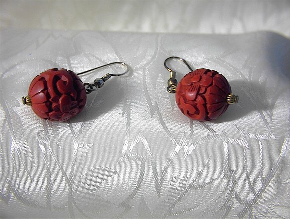 Deep Red Carved Cinnabar Ball Earrings