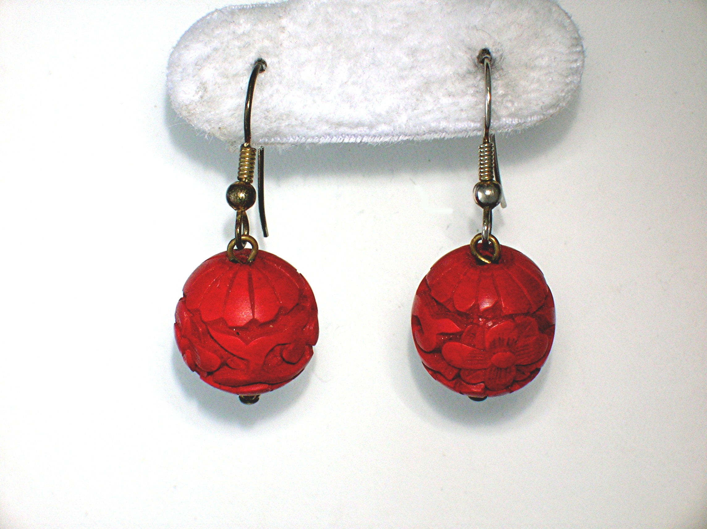 Deep Red Carved Cinnabar Ball Earrings
