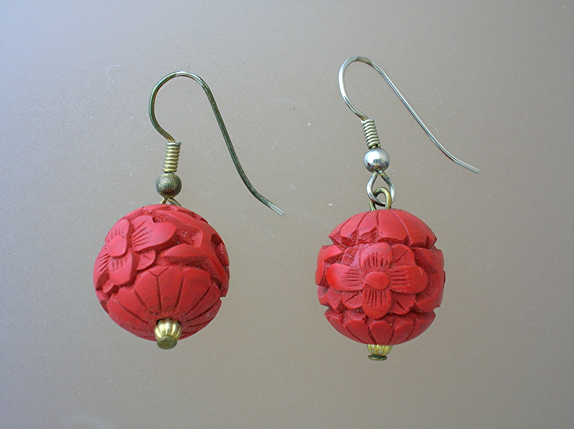 Deep Red Carved Cinnabar Ball Earrings