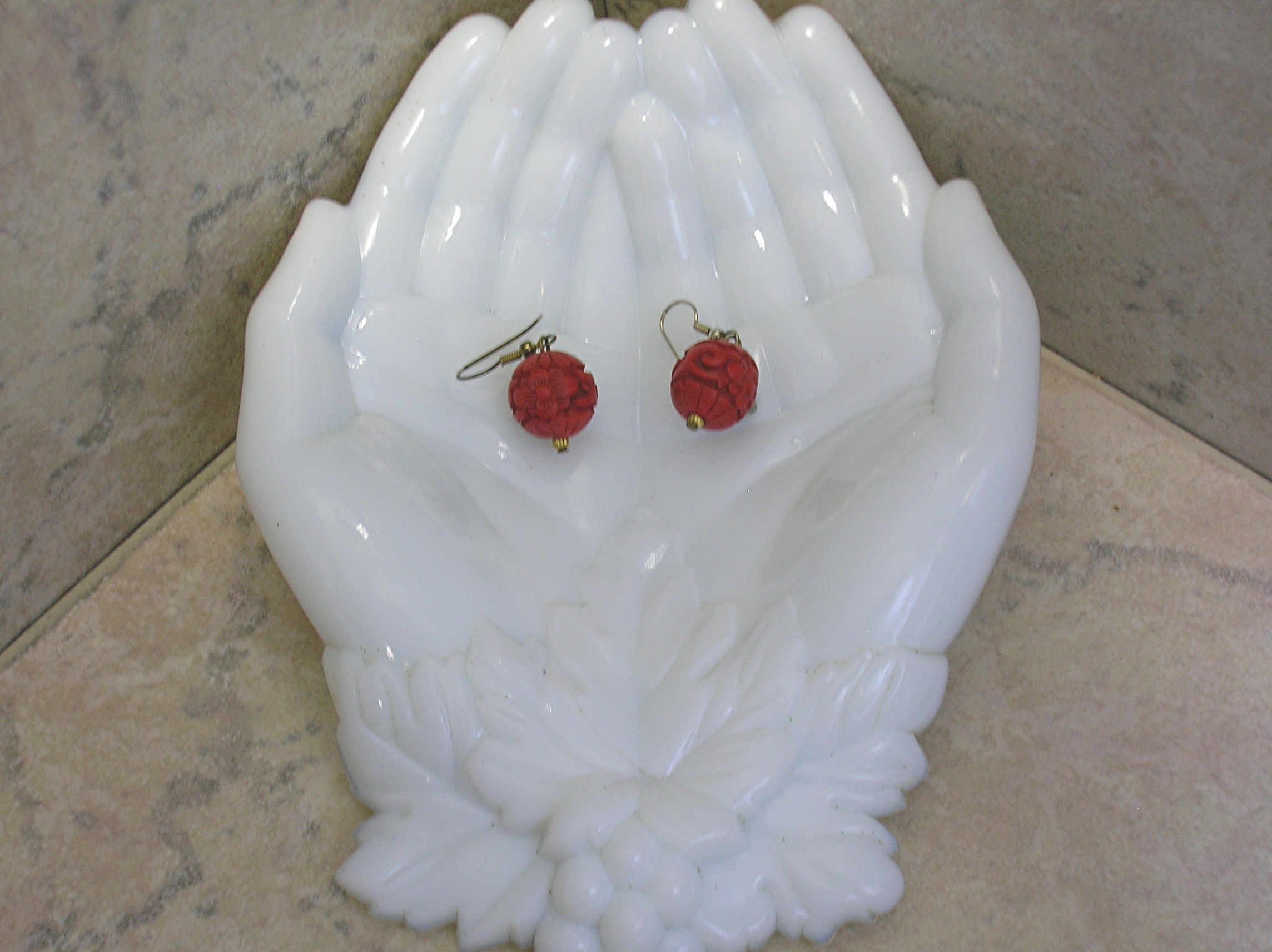 Deep Red Carved Cinnabar Ball Earrings