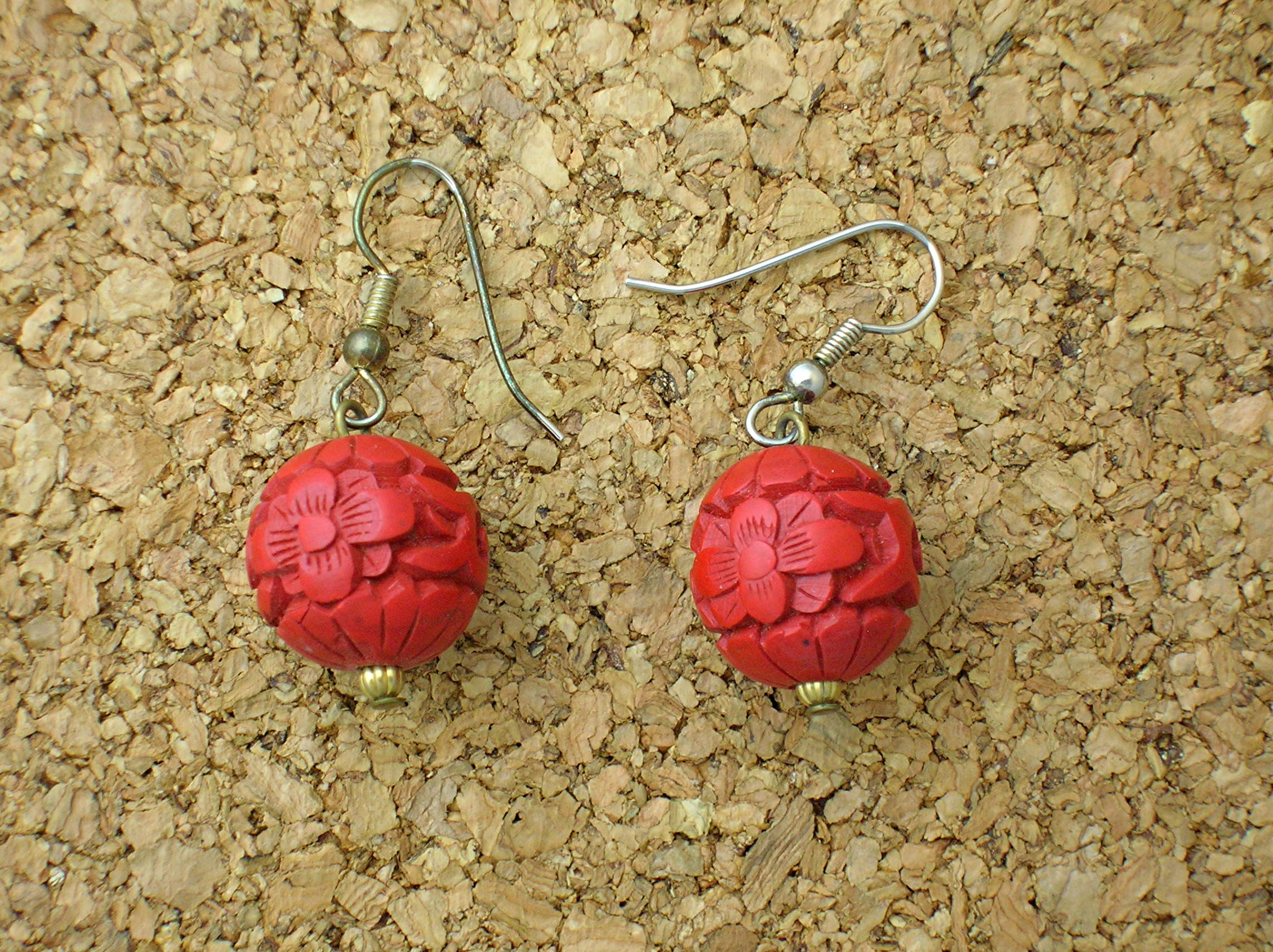 Deep Red Carved Cinnabar Ball Earrings