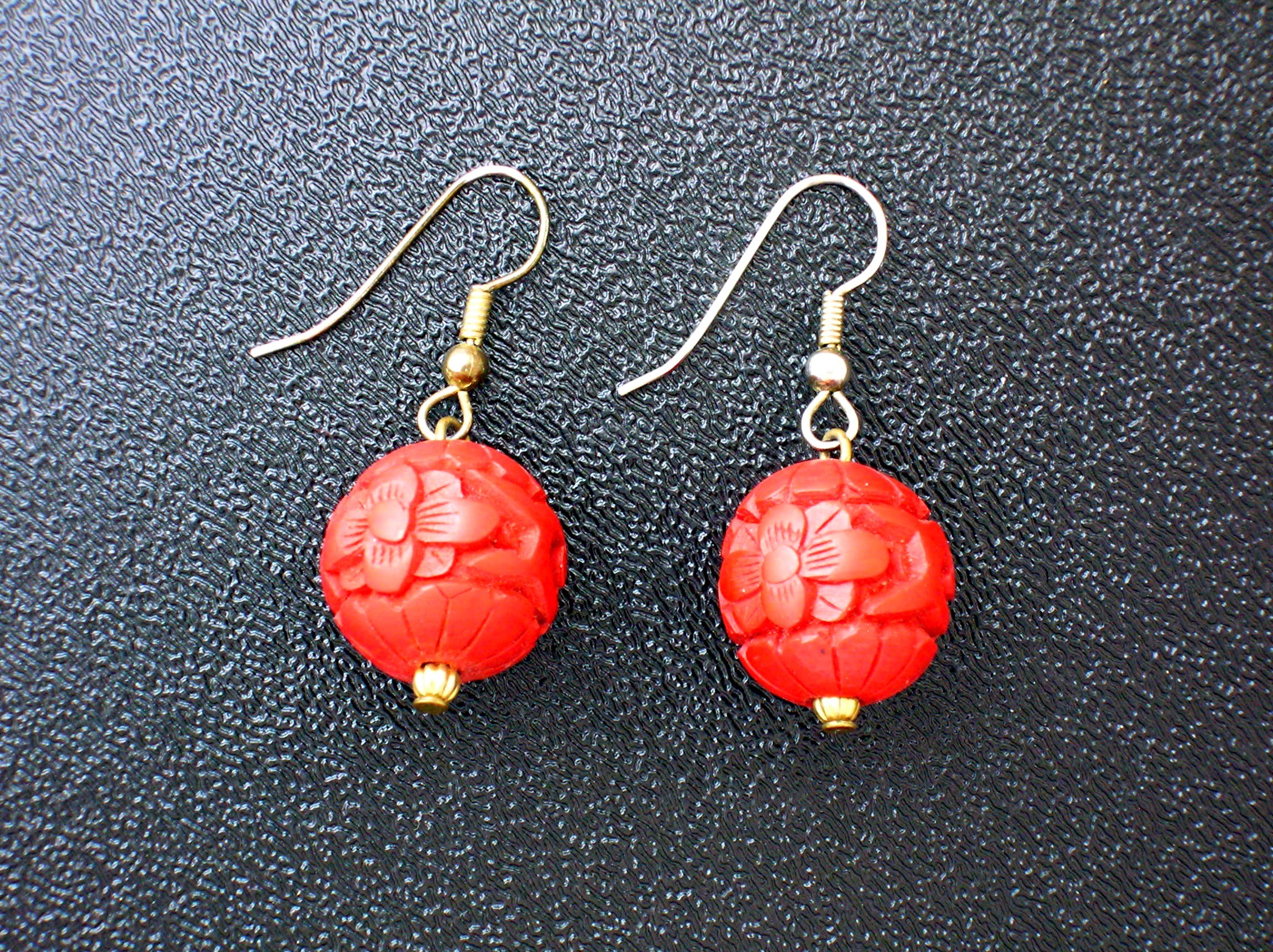Deep Red Carved Cinnabar Ball Earrings