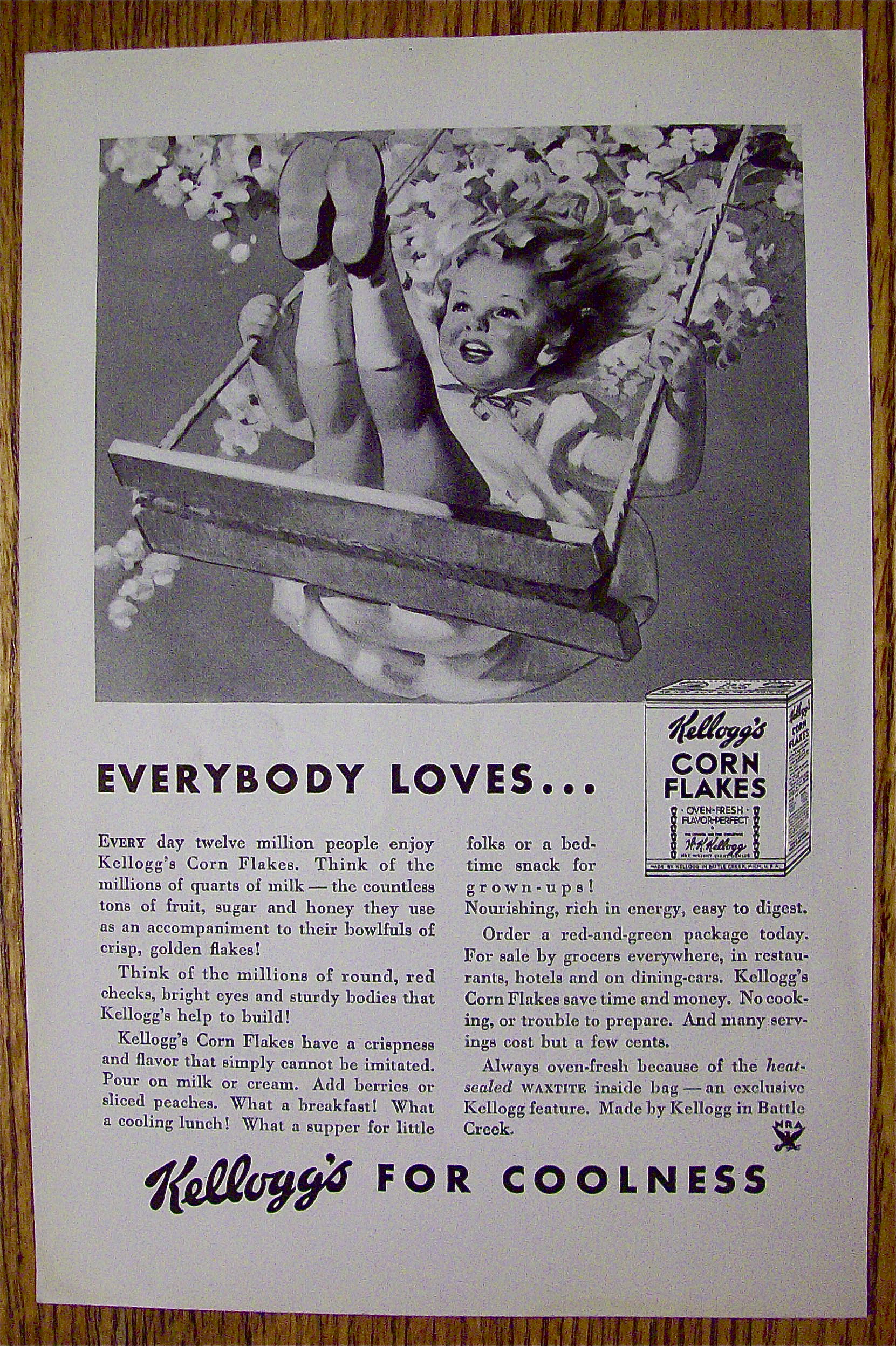 1934 Kellogg's Corn Flakes Cereal with Girl On A Swing