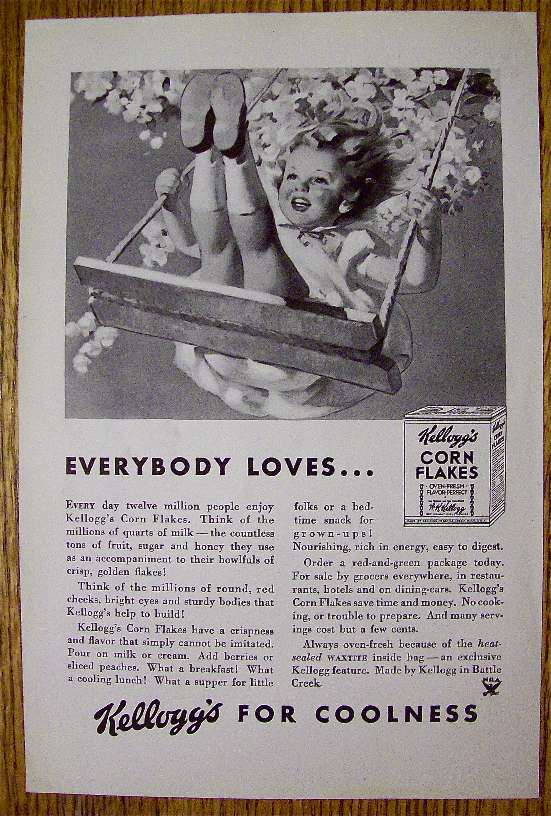 1934 Kellogg's Corn Flakes Cereal with Girl On A Swing