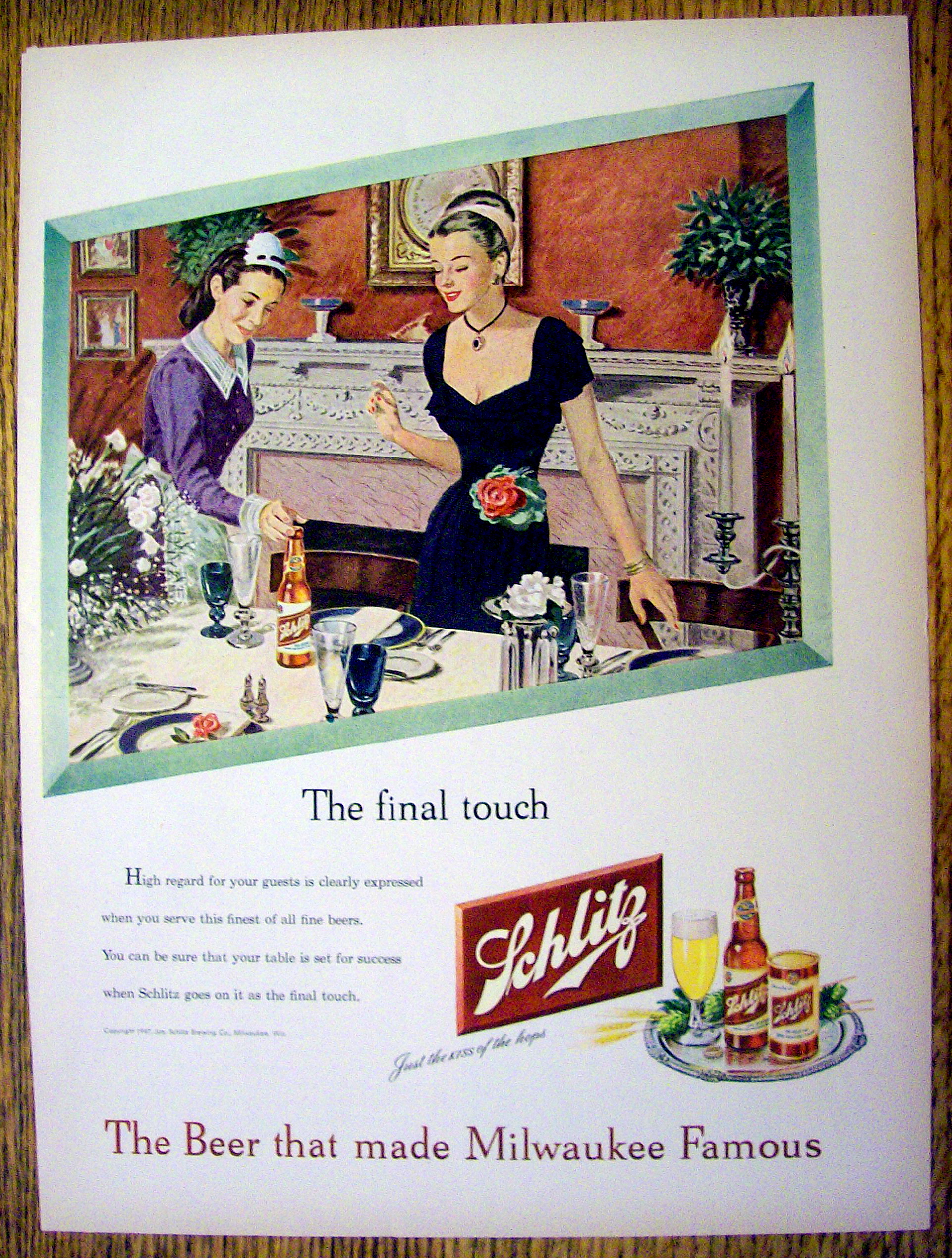 1947 Schlitz Beer with 2 Women Setting Table For Dinner
