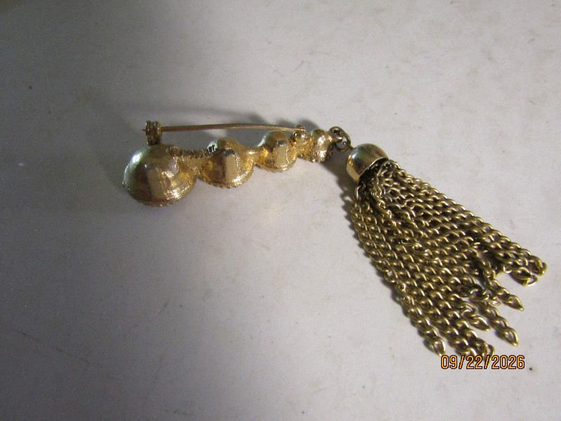 Vintage Saucy Gold-Tone Pink Rhinestone Tassel Brooch Pin