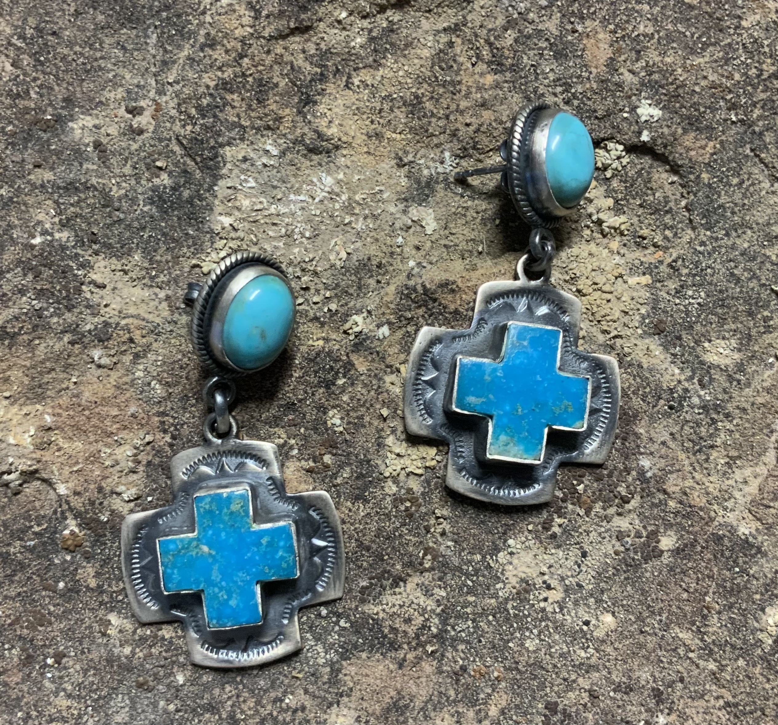 Dan Dodson Sterling Silver Kingman Turquoise Cross Ears