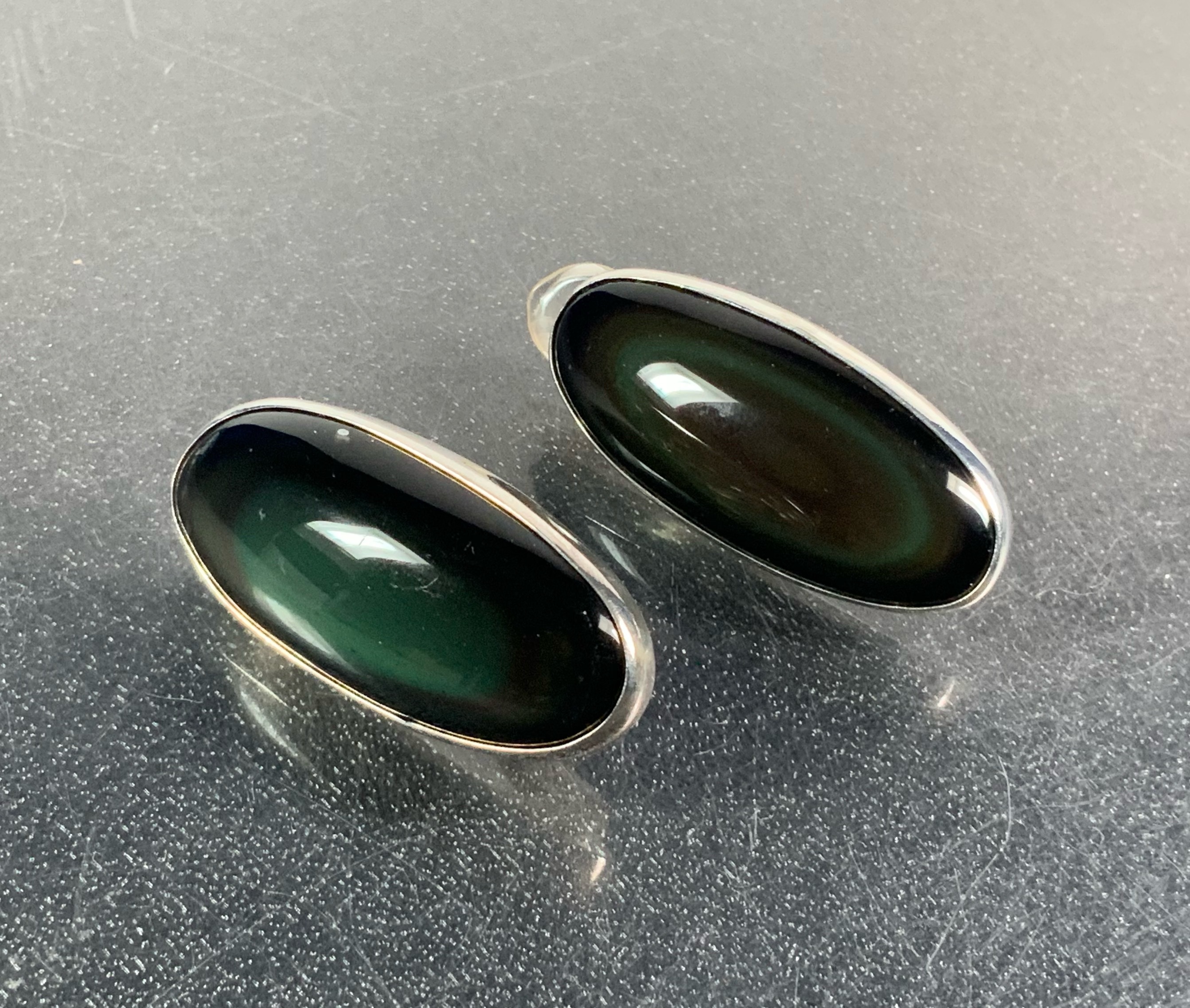 Obsidian Navajo Sterling Silver Clip Earrings 1 3/4 Inc