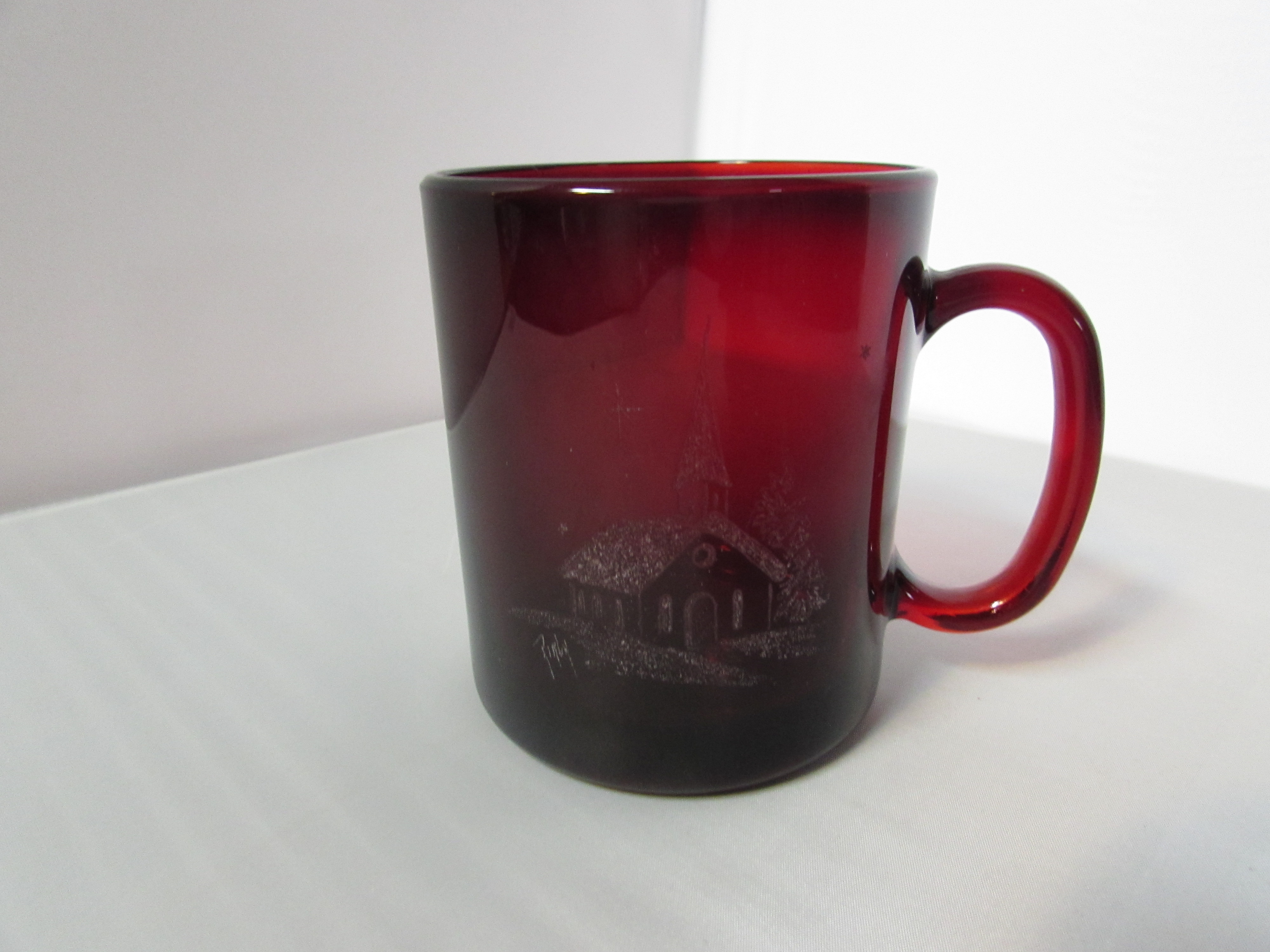 Red Ruby Glass Mug Cup etched Church Scene Beautiful