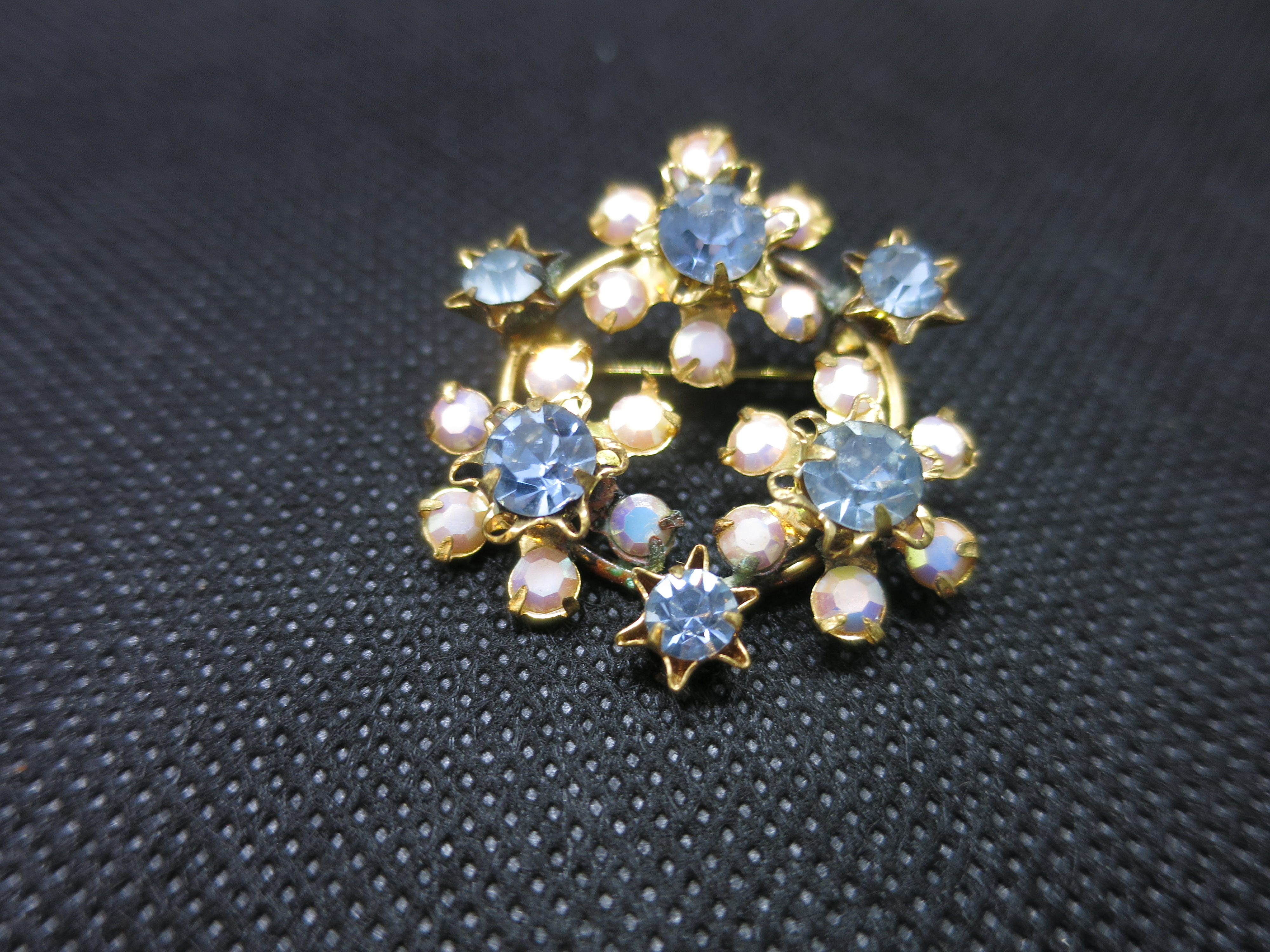 Floral Star Rhinestone Pin Signed Gold Tone