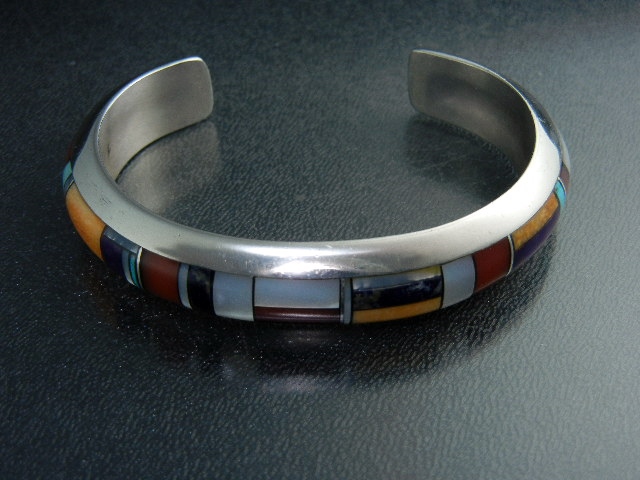 Navajo Sterling Silver Coral Turquoise Onyx Cuff TC