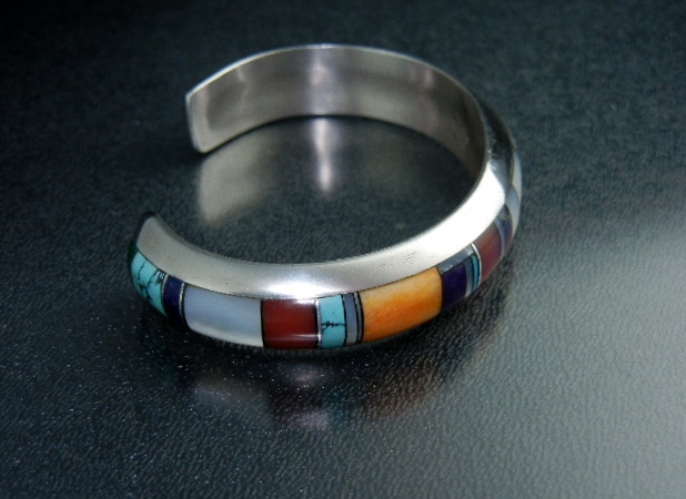 Navajo Sterling Silver Coral Turquoise Onyx Cuff TC