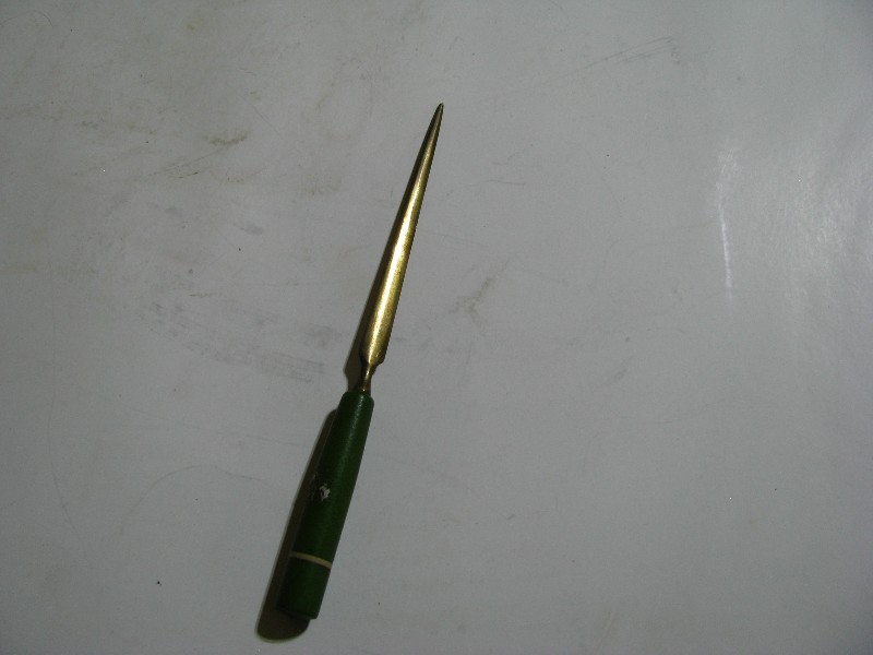 Vintage Brass & Green Painted Turned Wood Handle Letter Opener