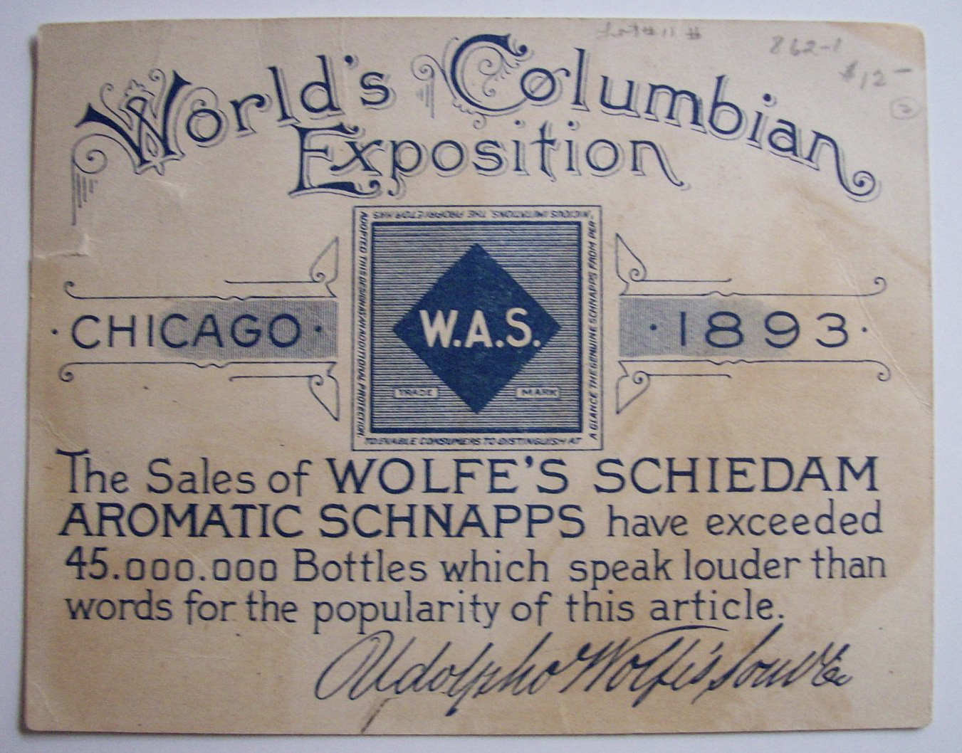 1893 Columbian Exposition Wolfe's Schnapps Trade Card