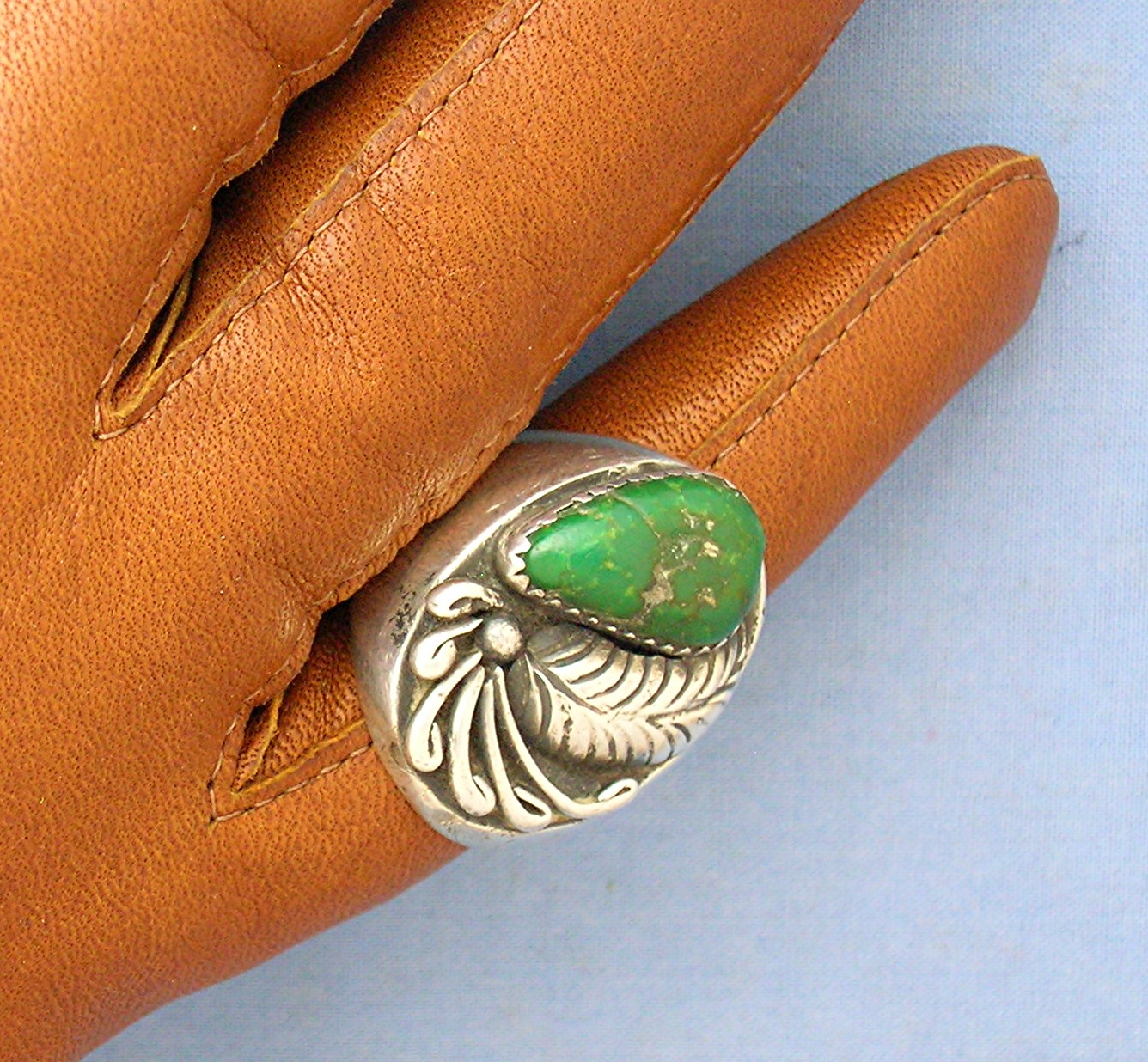 Sterling Silver Mans Green Turquoise Signed R.B Ring