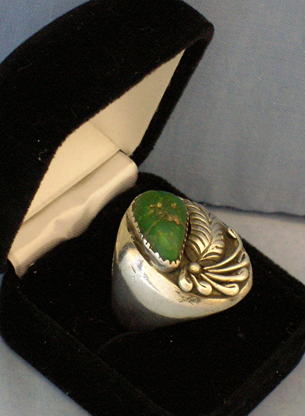 Sterling Silver Mans Green Turquoise Signed R.B Ring