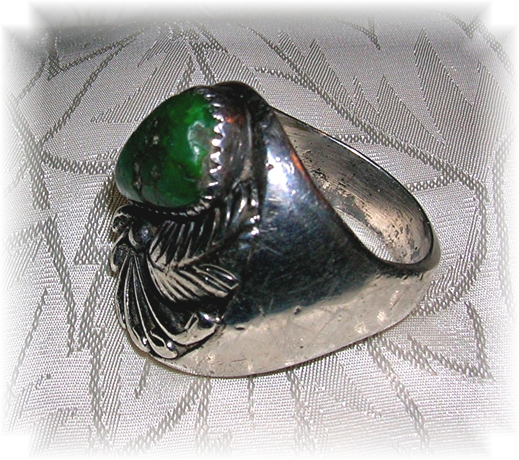 Sterling Silver Mans Green Turquoise Signed R.B Ring