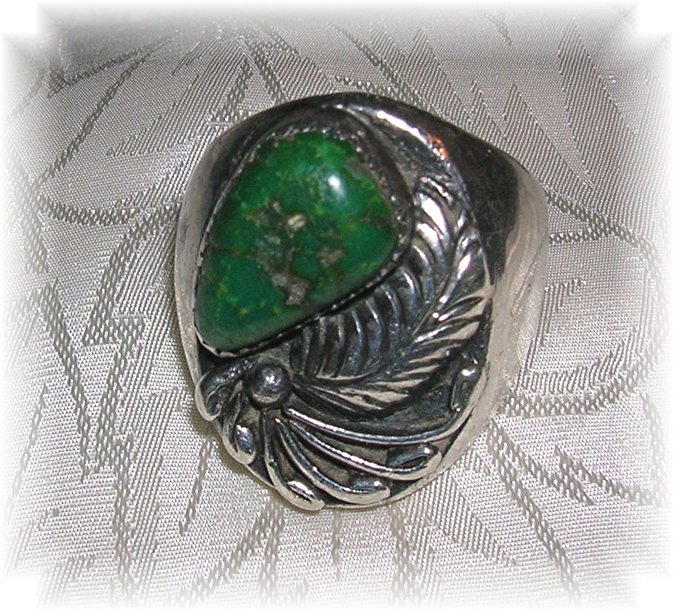 Sterling Silver Mans Green Turquoise Signed R.B Ring