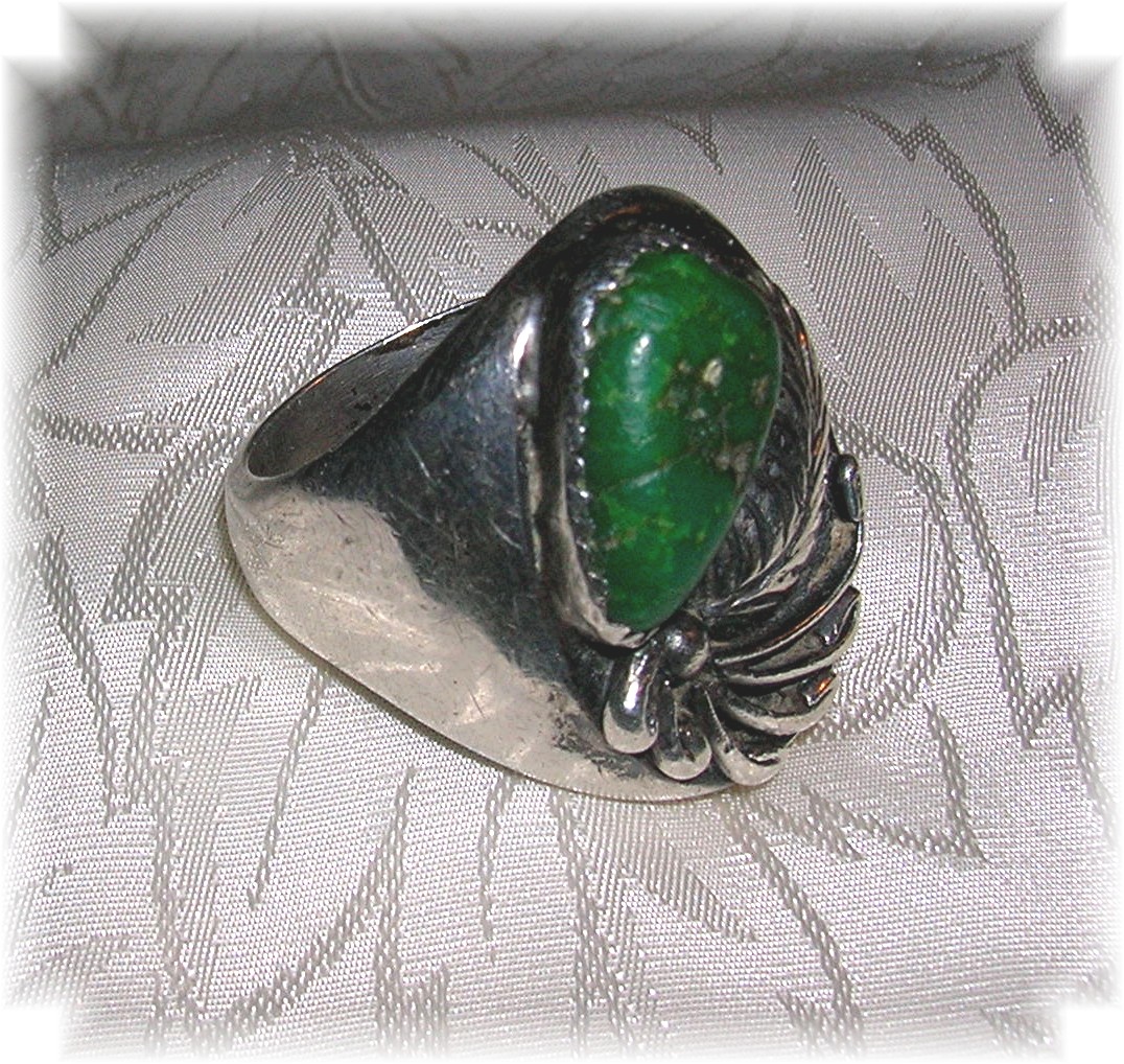Sterling Silver Mans Green Turquoise Signed R.B Ring