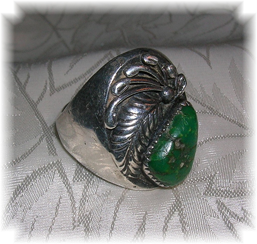 Sterling Silver Mans Green Turquoise Signed R.B Ring