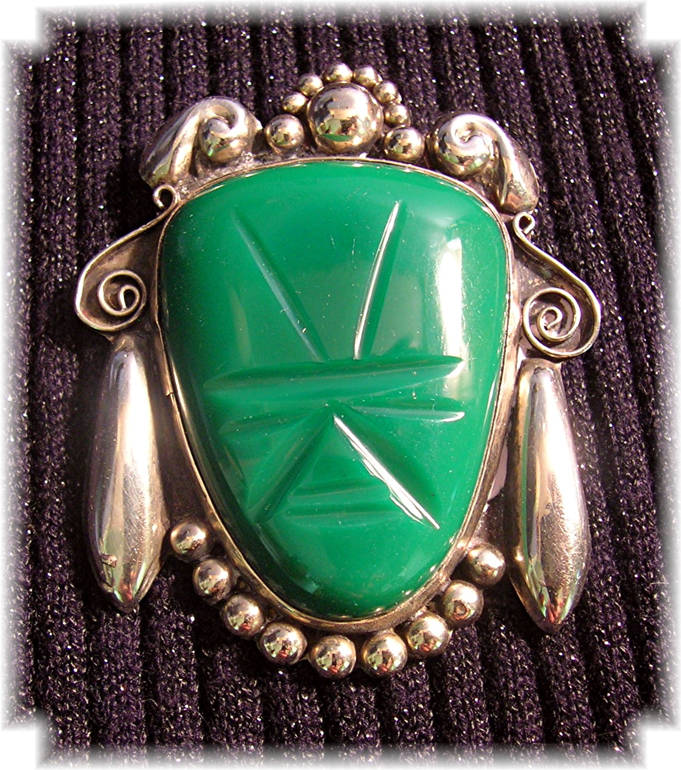 Mexican Silver and Jade  Signed HHM Brooch