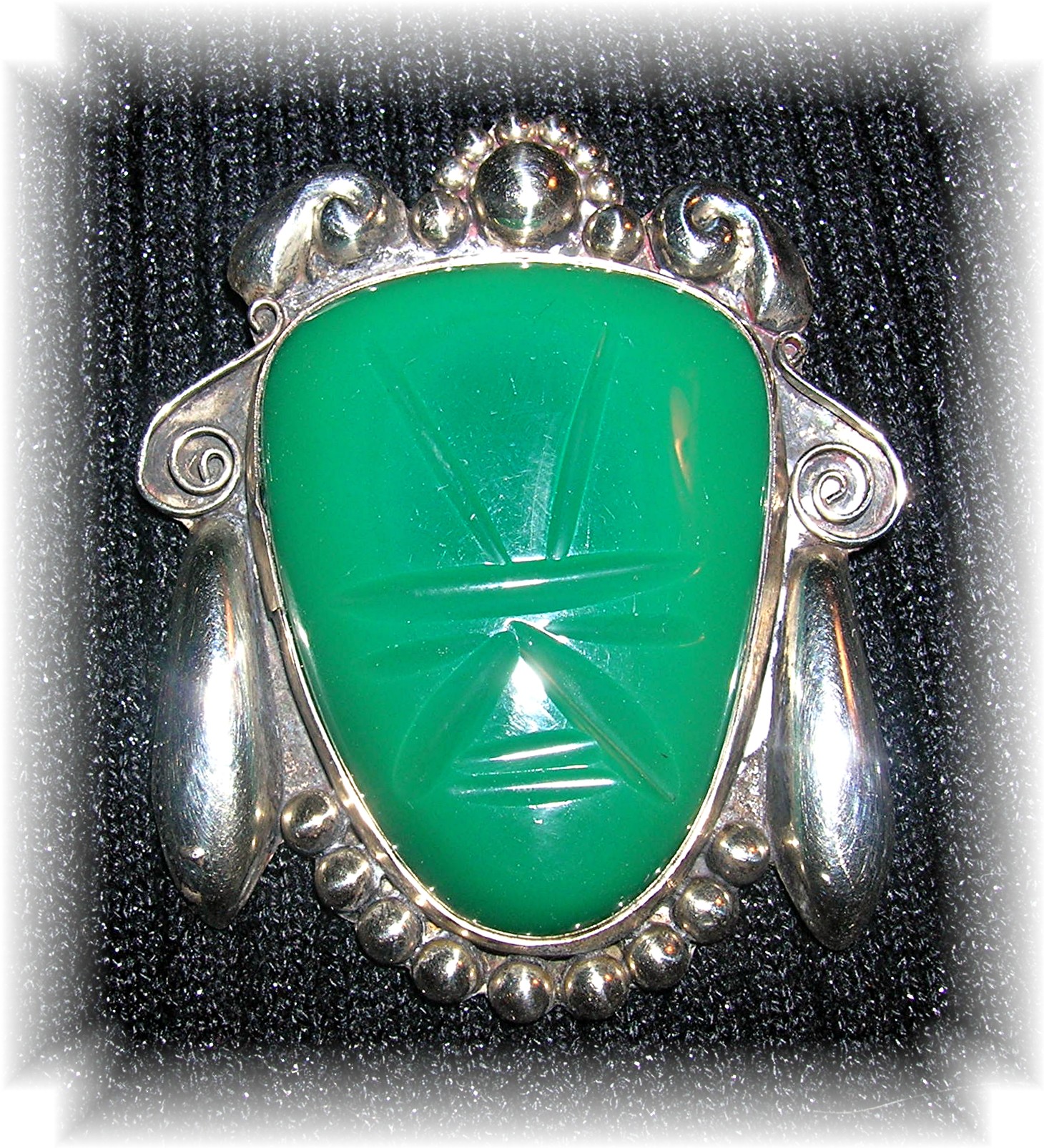 Mexican Silver and Jade  Signed HHM Brooch