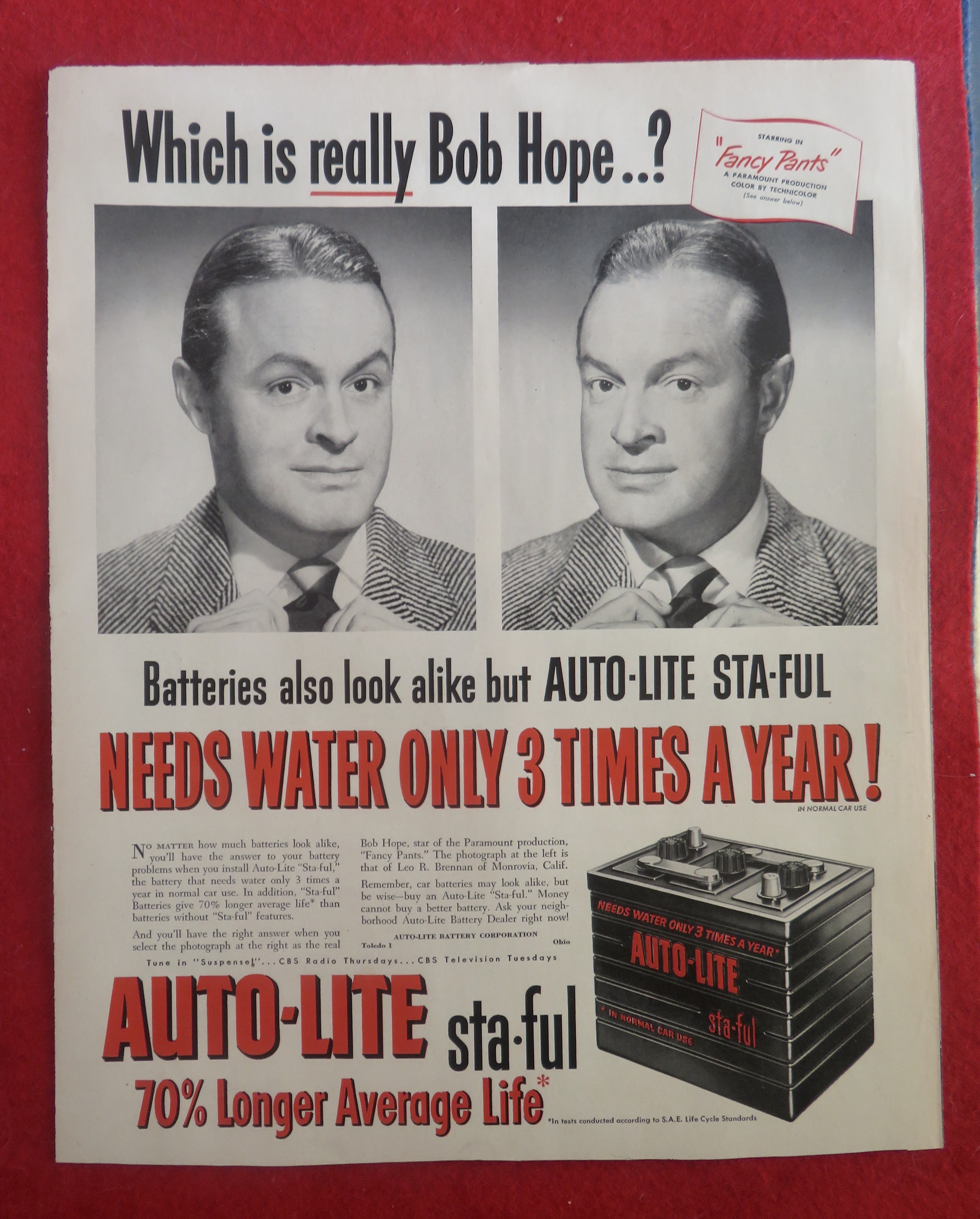 1950 Auto Lite Sta Ful Battery with Bob Hope