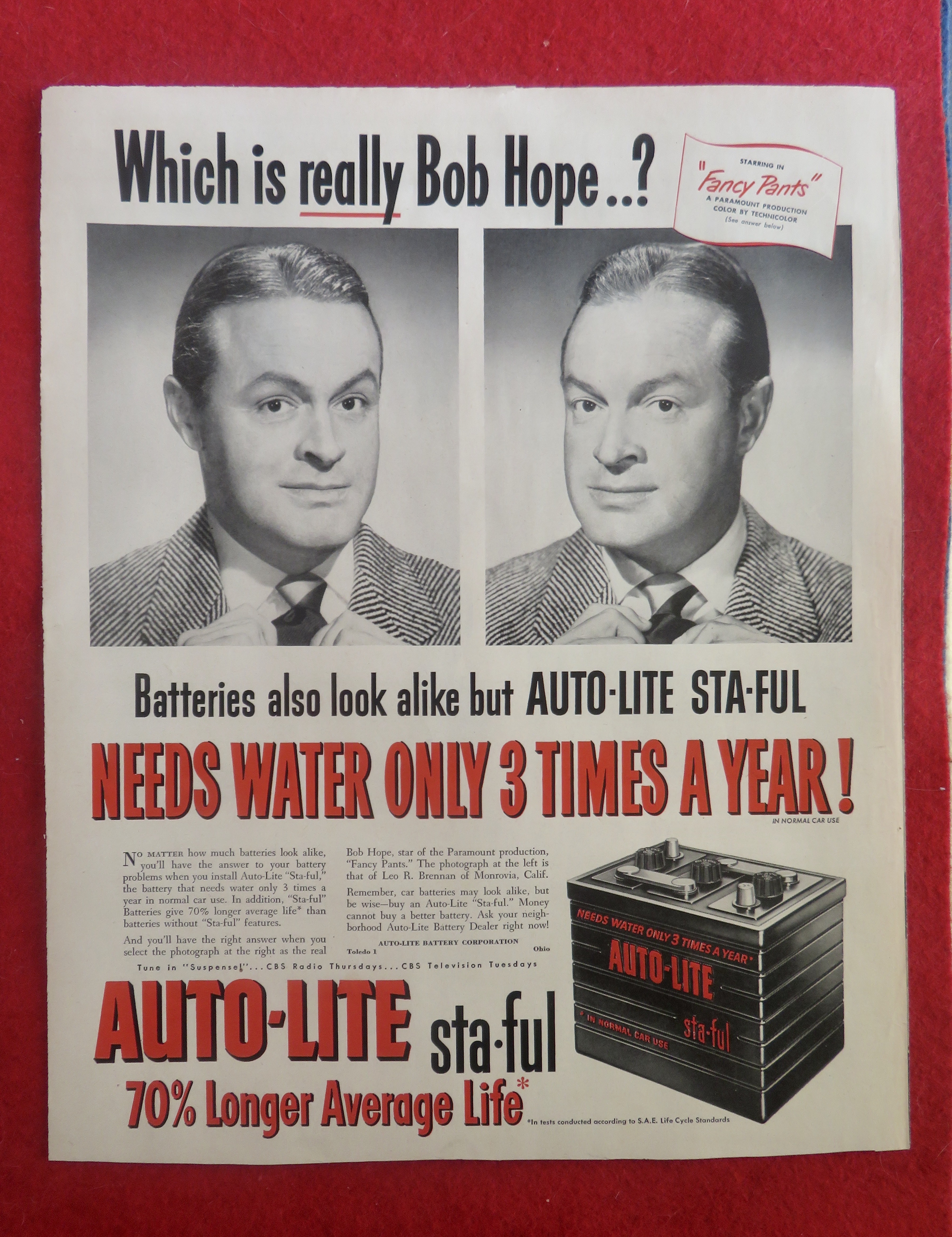 1950 Auto Lite Sta Ful Battery with Bob Hope