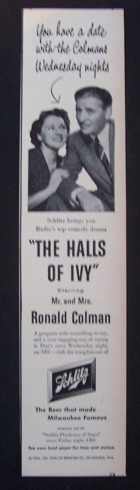 1951 Schlitz Beer with Mr.& Mrs. Ronald Colman