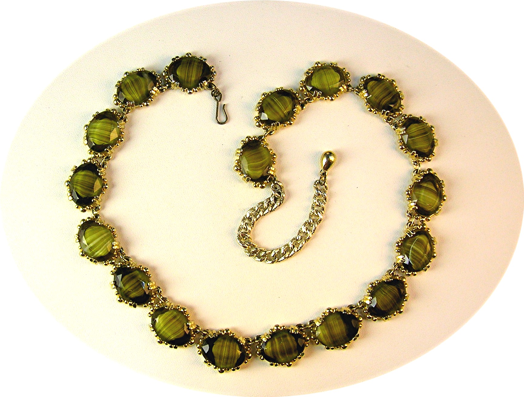 Green Glass Gold Set Vintage European  Necklace
