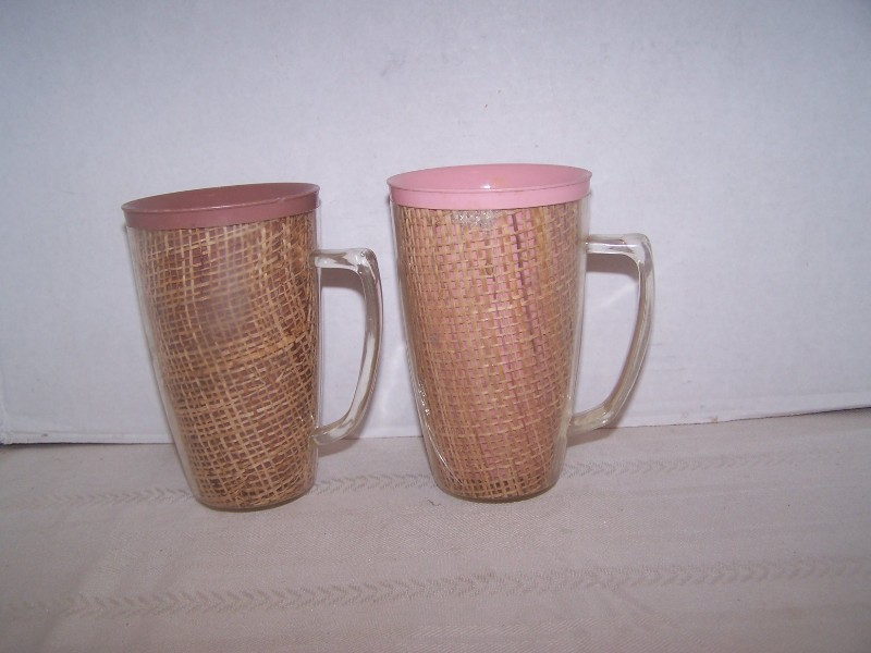 2 THERMAL WARE Straw Weave Handled Cups