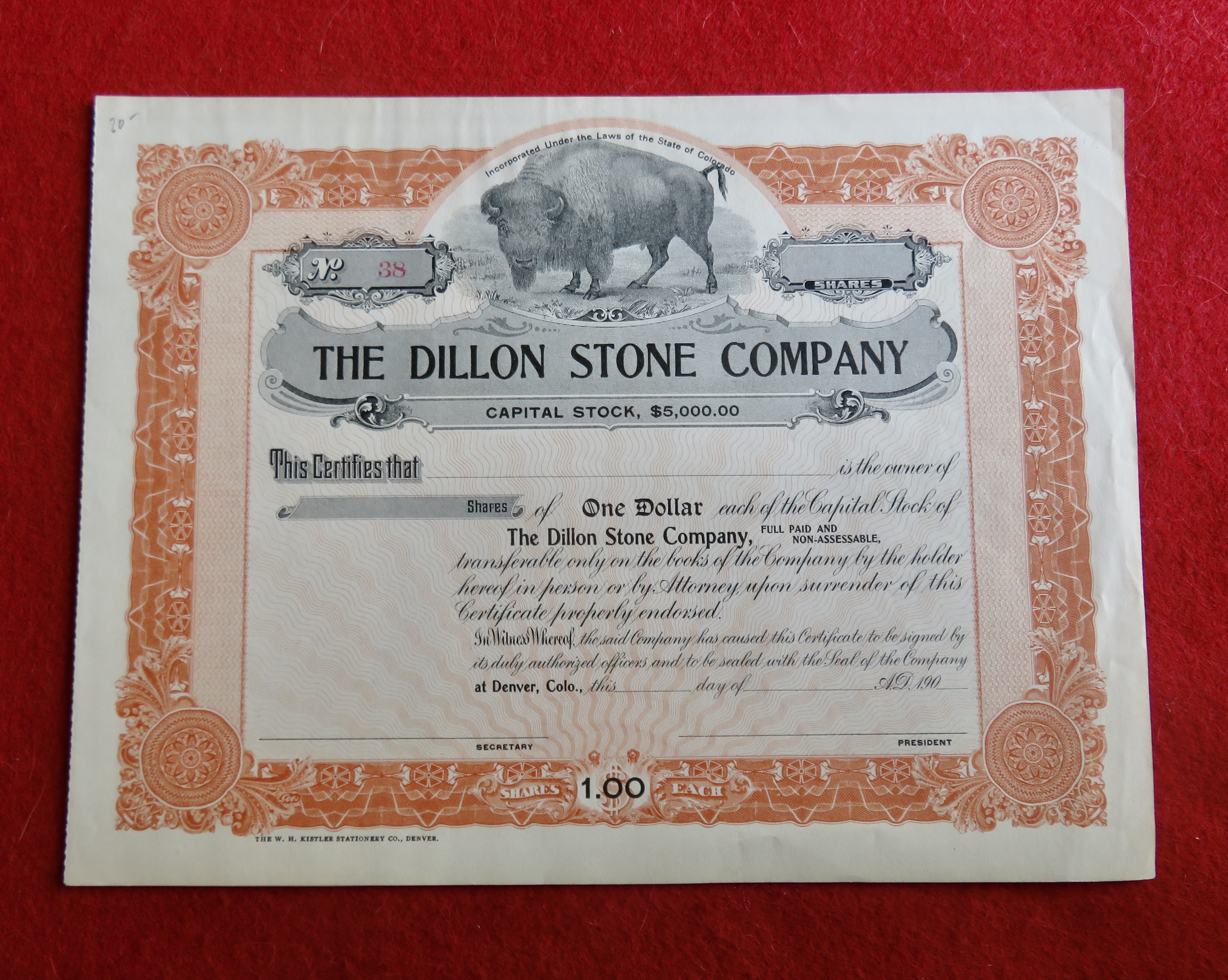 1900's The Dillon Stone Company Stock Certificate