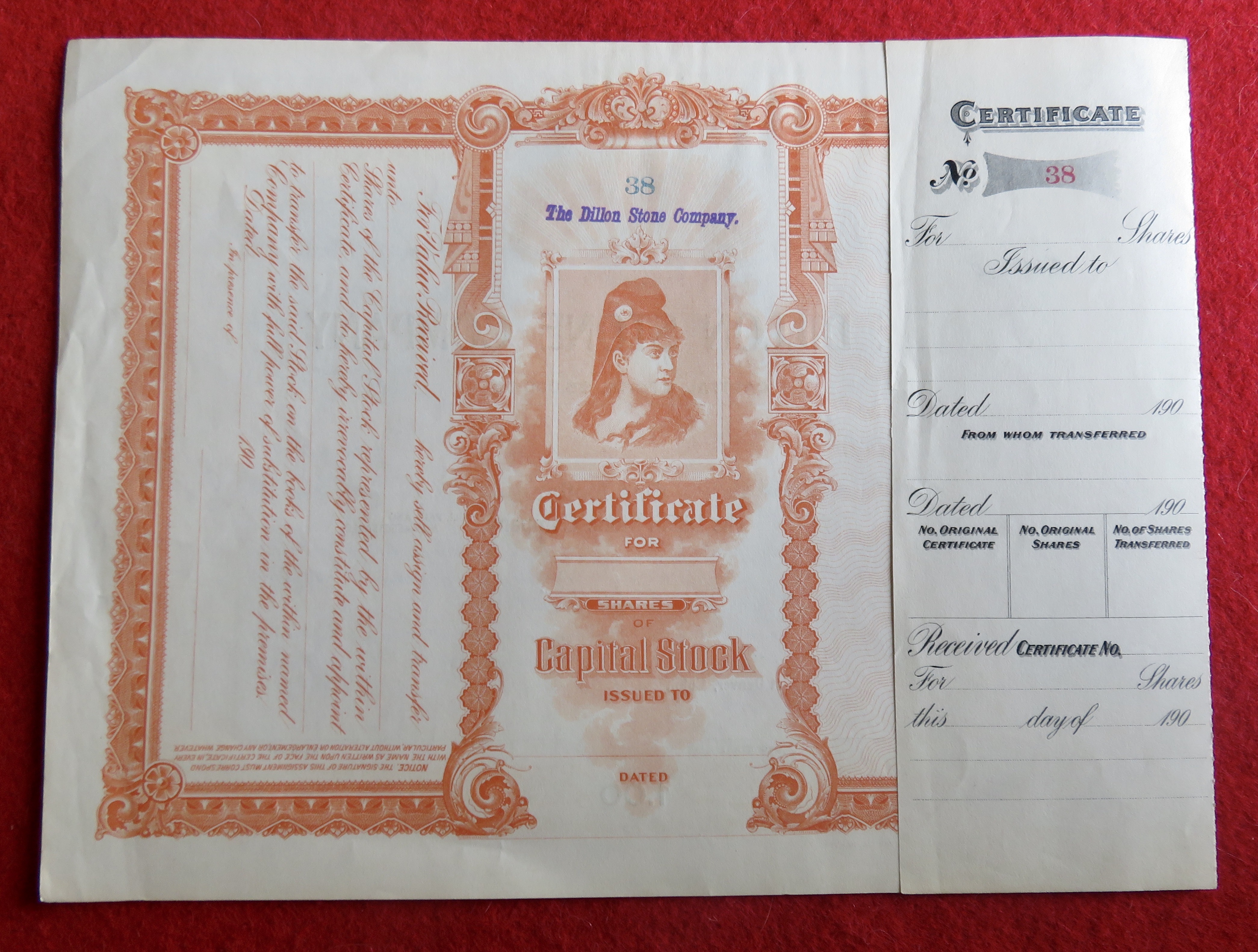 1900's The Dillon Stone Company Stock Certificate