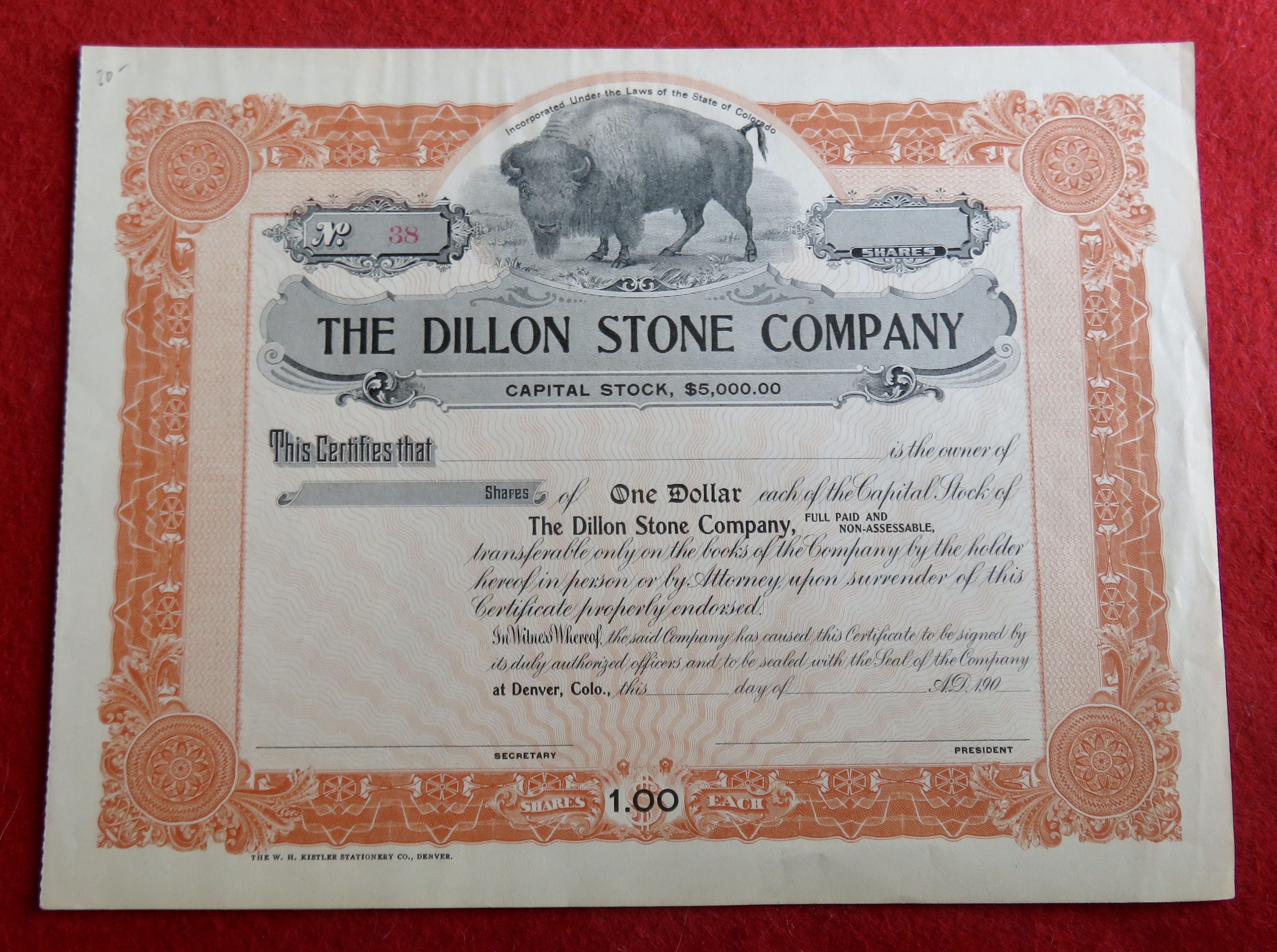 1900's The Dillon Stone Company Stock Certificate