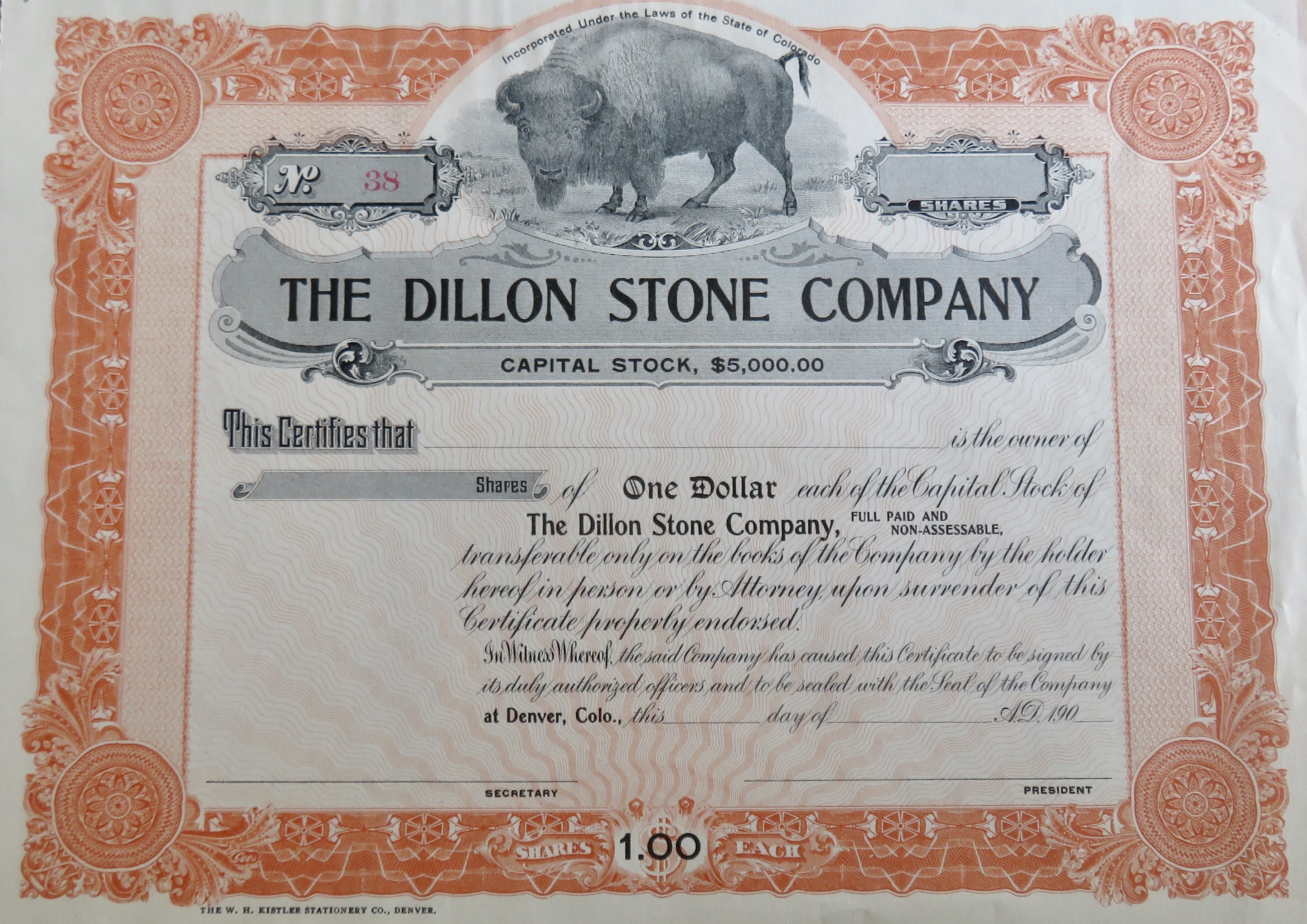 1900's The Dillon Stone Company Stock Certificate