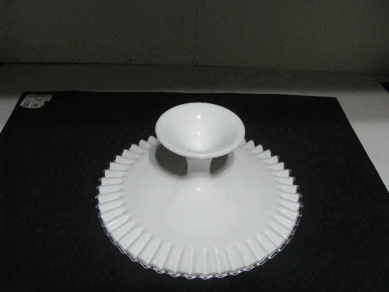 Vintage Fenton Silver Crest Milk Glass Ruffled Cake Stand Pedestal Plate