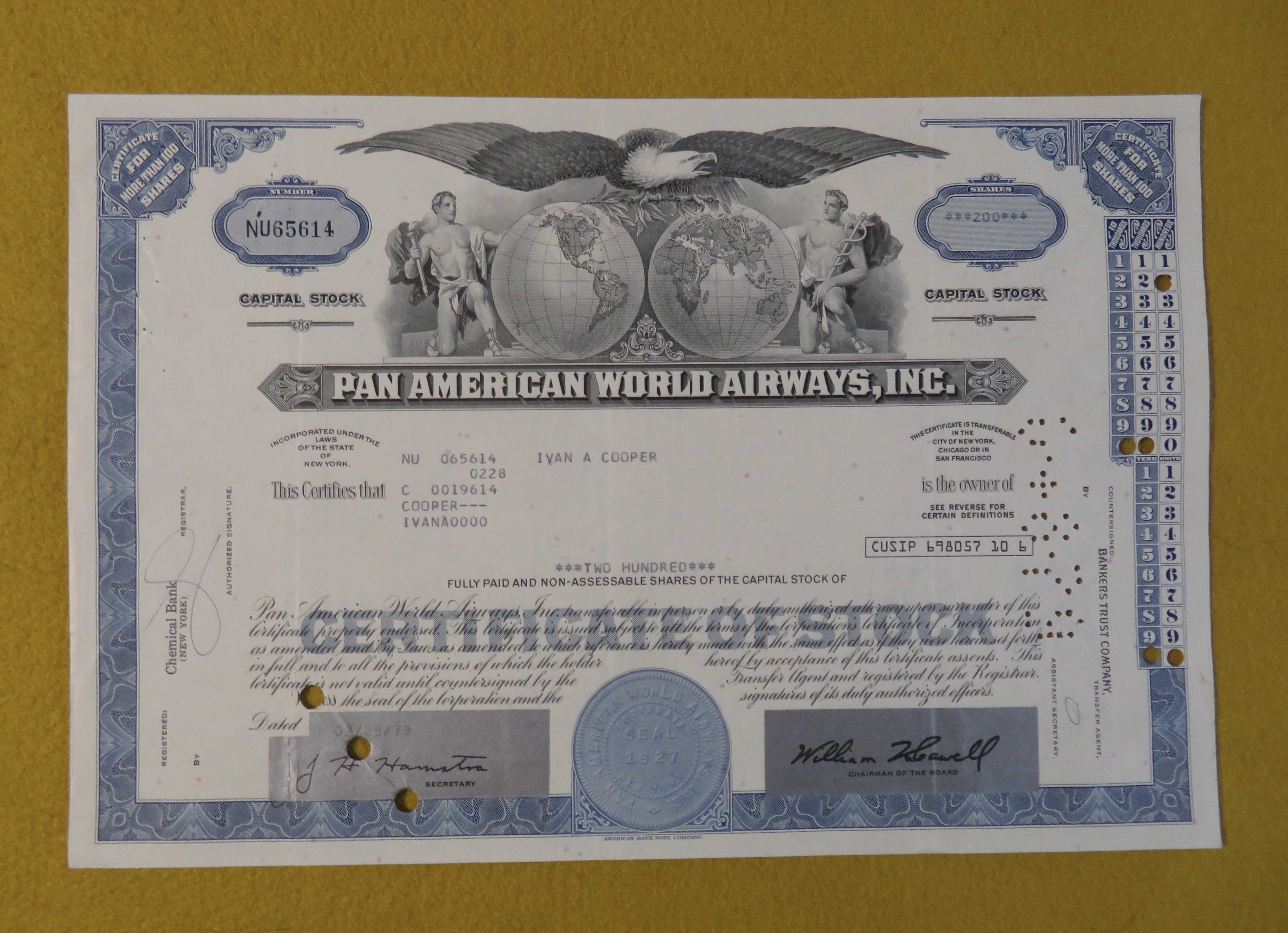 1973 Pan American World Airways Inc Stock Certificate