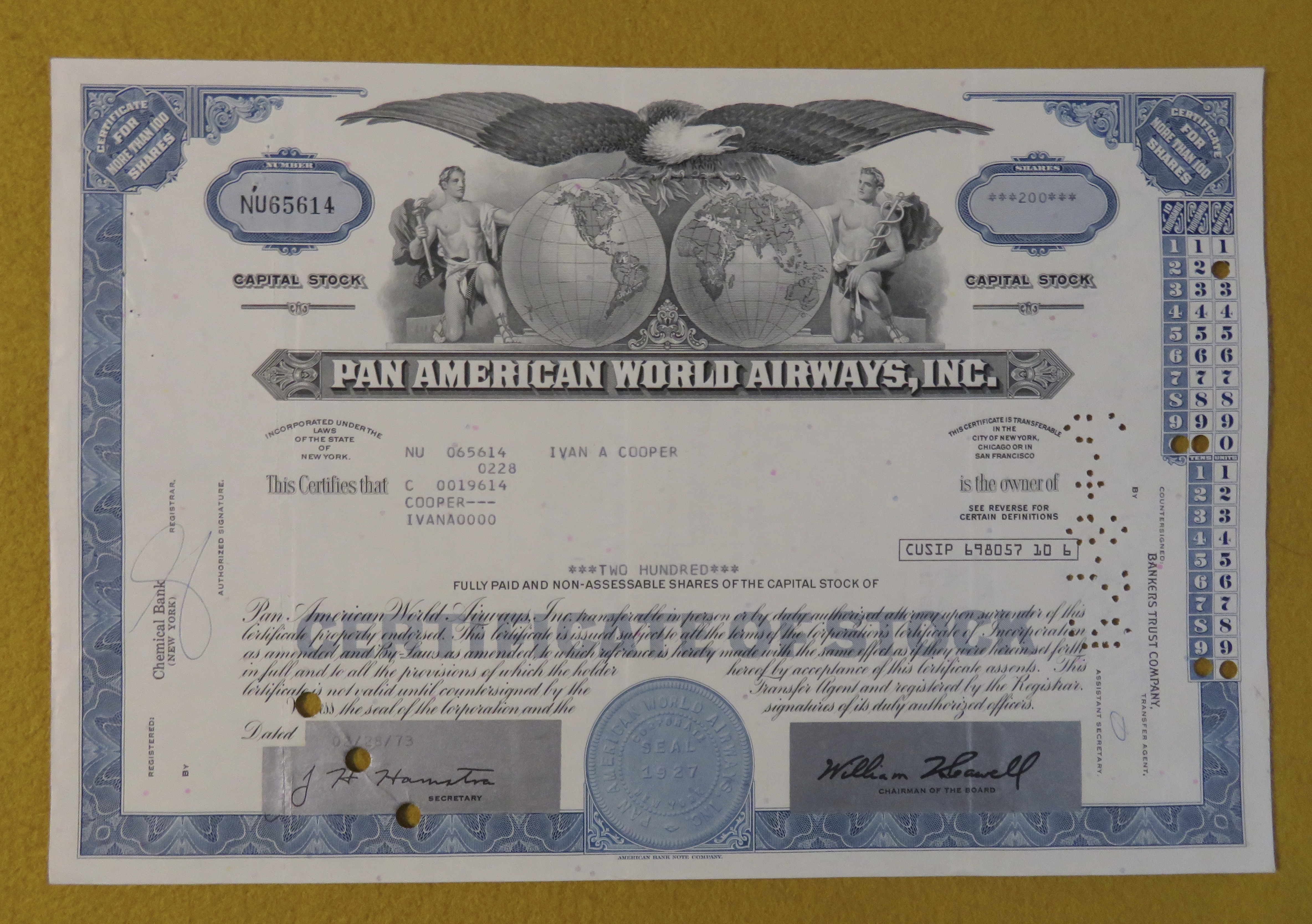 1973 Pan American World Airways Inc Stock Certificate