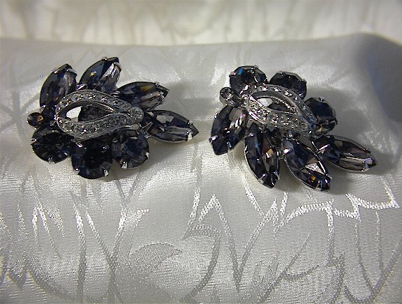 WEISS Grey Smoke and Clear Crystal Clip Earrings.